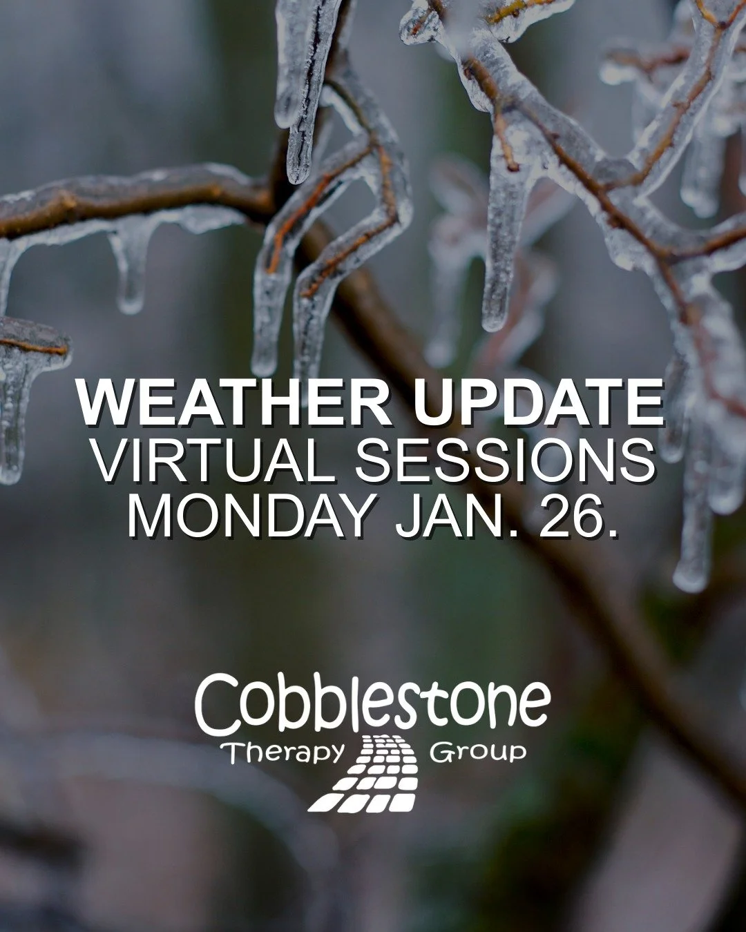 Important Update.

Cobblestone Therapy Group will be virtual on Monday, January 26, 2026, to help ensure the safety of our clients, families, and clinicians. Please reach out to your child&rsquo;s clinician directly to confirm the best plan for tomor