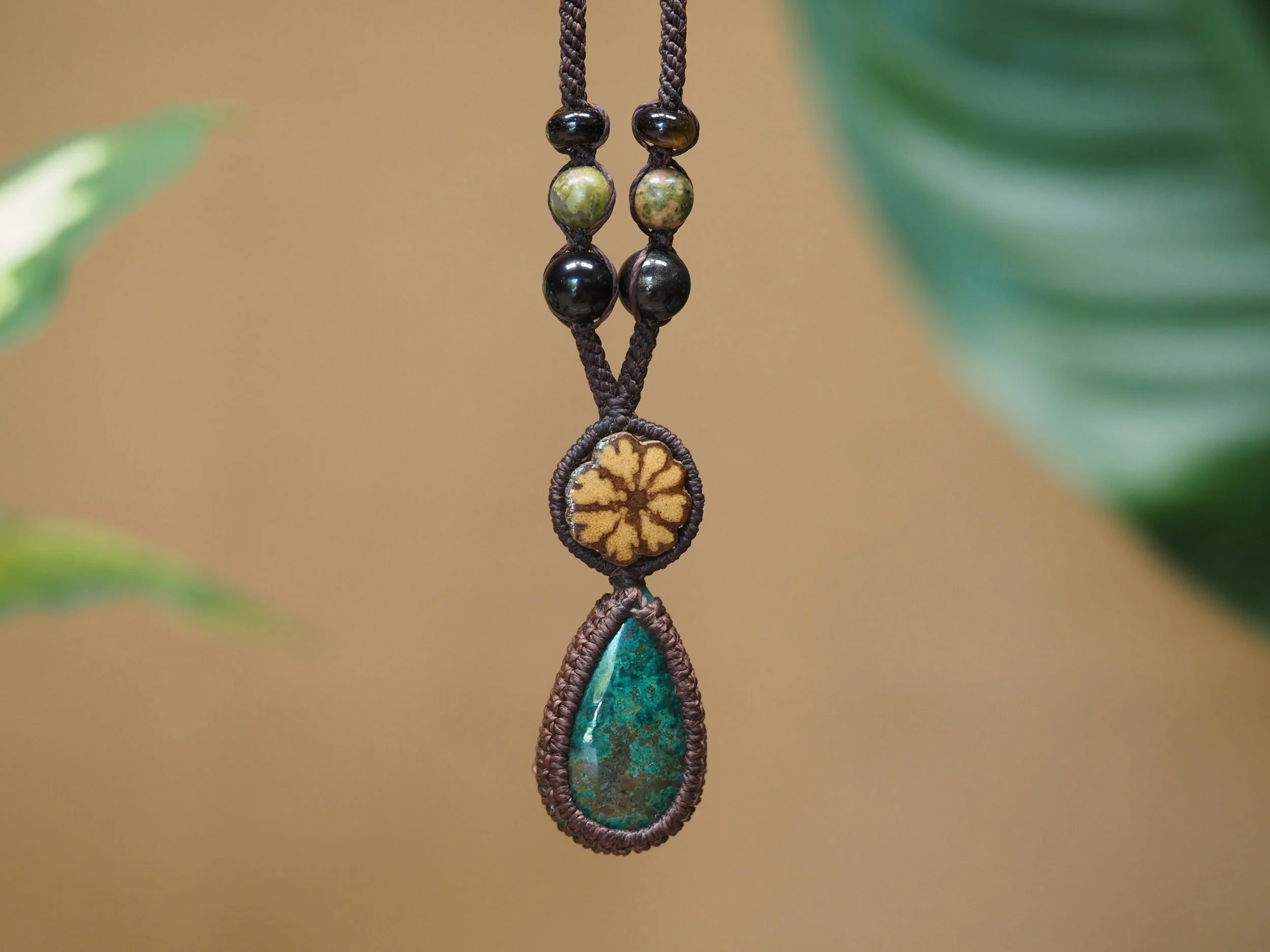 Teardrop Chrysocolla & Black Ayahuasca · Macrame Talisman Necklace