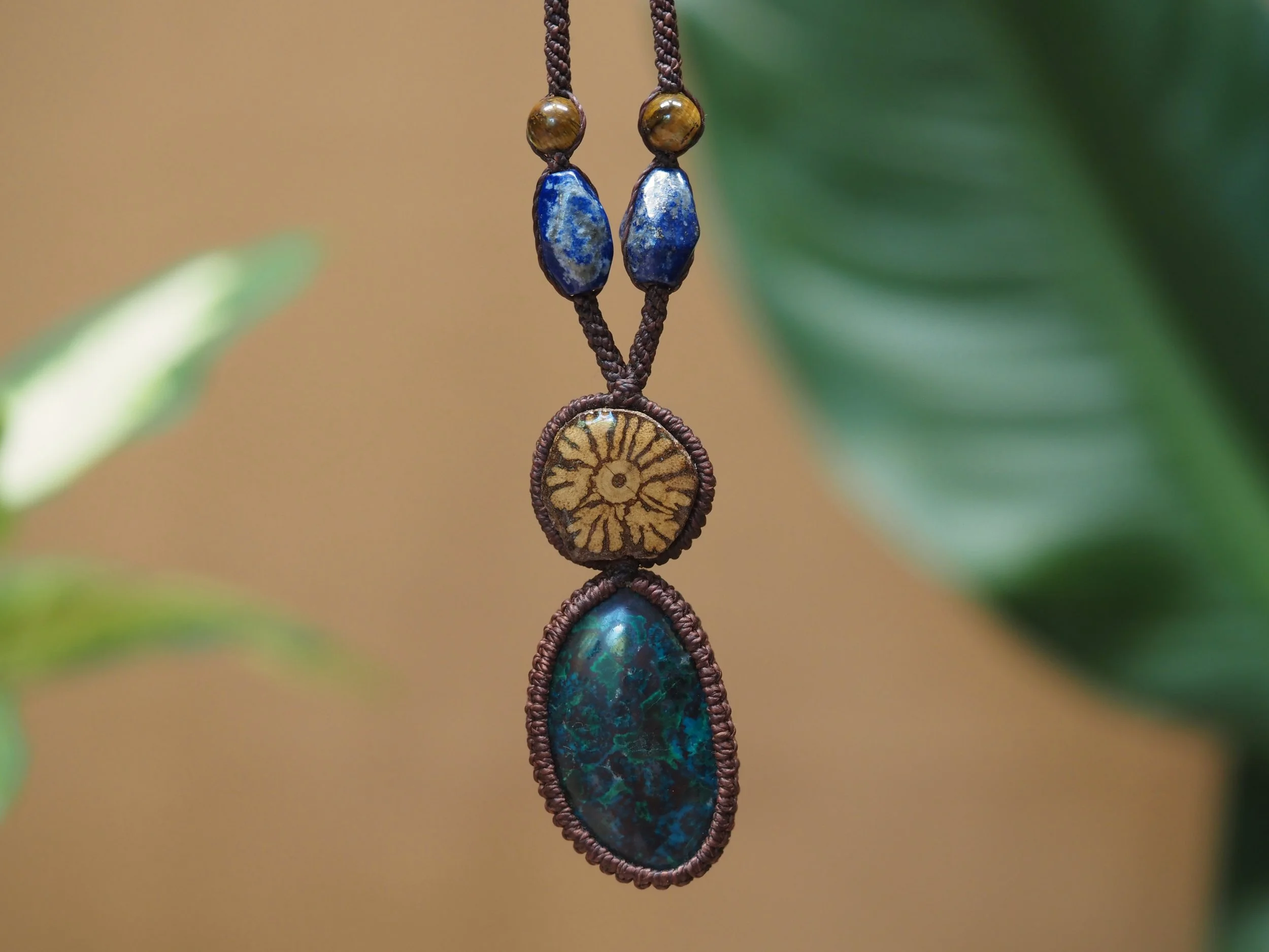 Chrysocolla-Malachite & Black Ayahuasca · Macrame Talisman Necklace