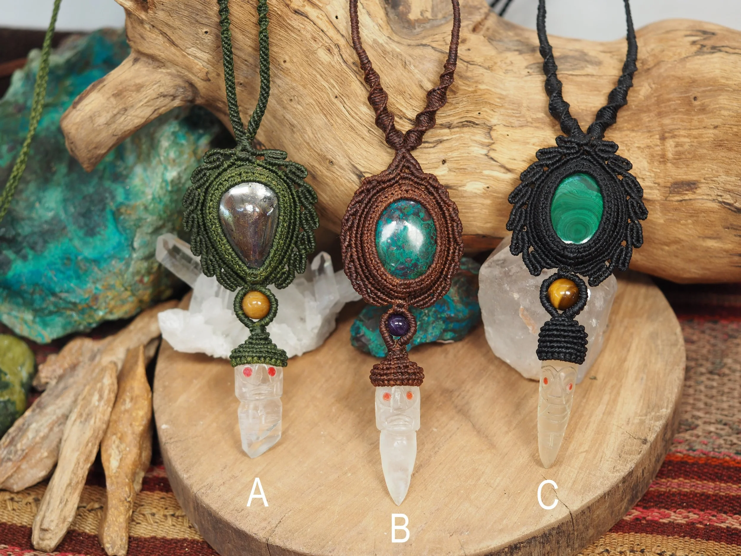 Carved Quartz Amulet · Macrame Necklaces