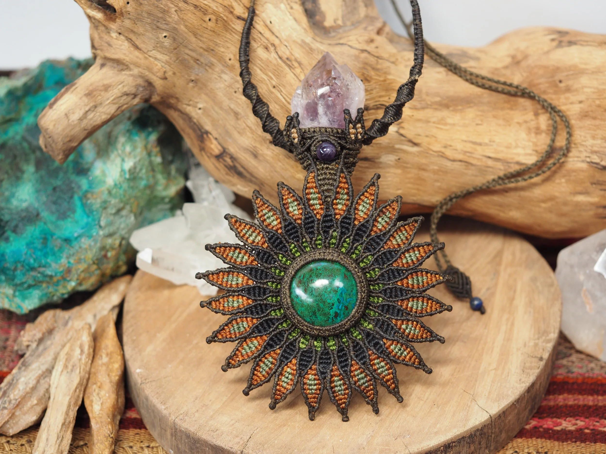 Chrysocolla & Amethyst · Mandala Macrame Necklace