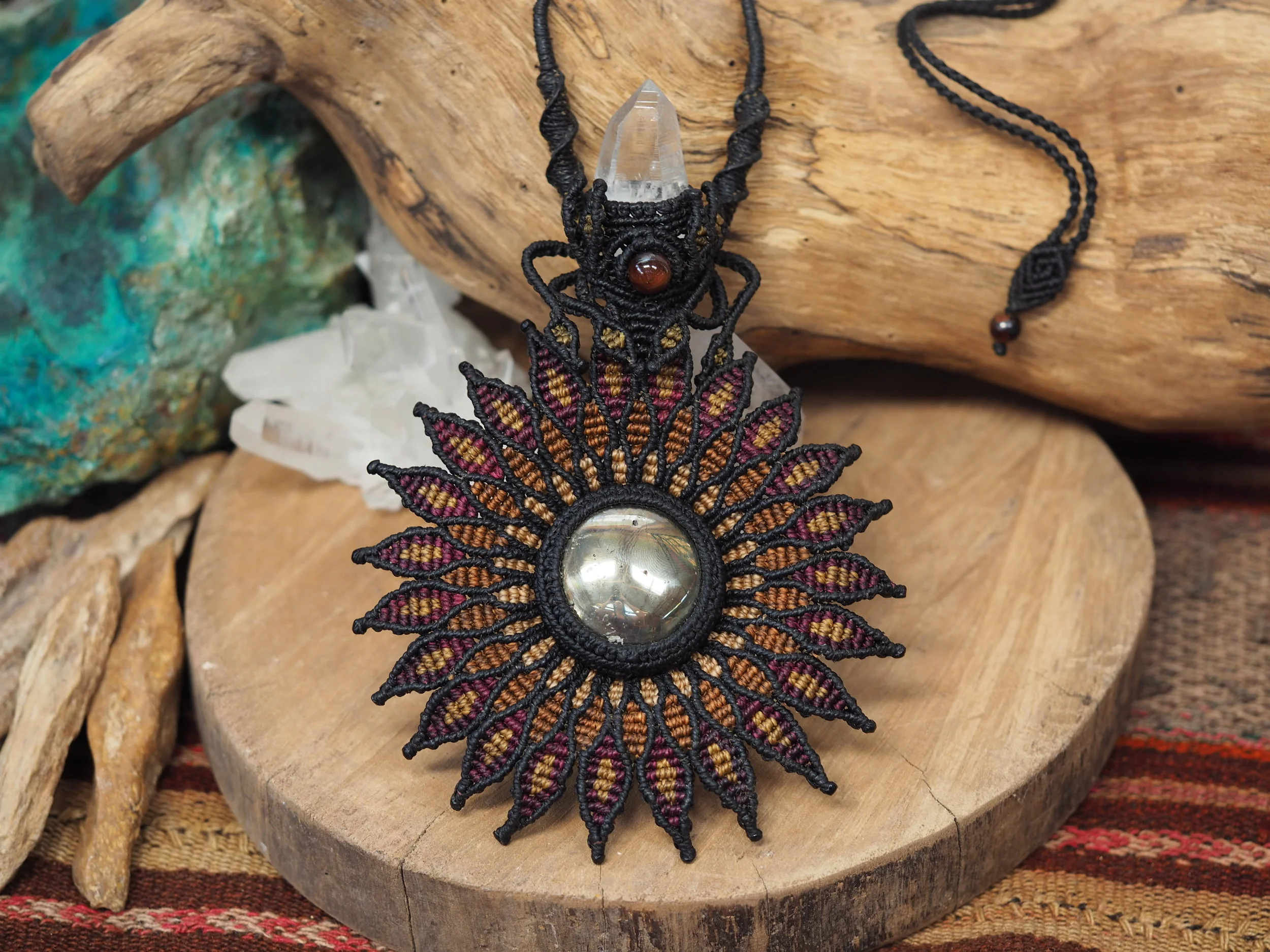 Pyrite & Quartz · Mandala Macrame Necklace