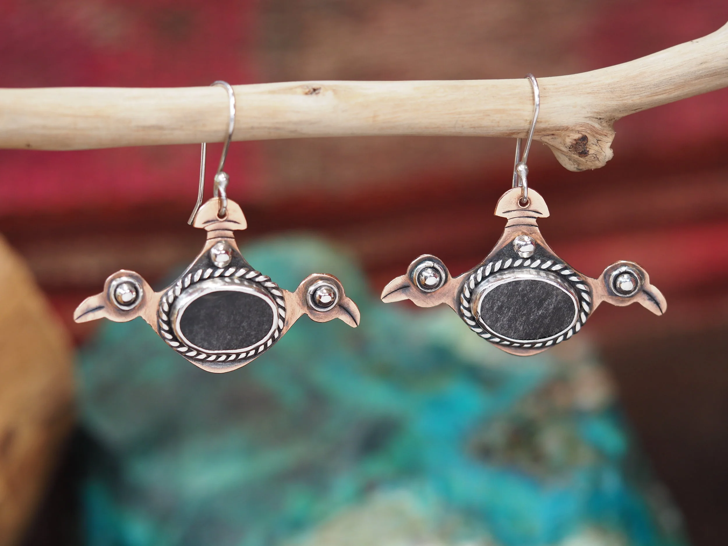 Silver Sheen Obsidian · Copper & Silver Earrings