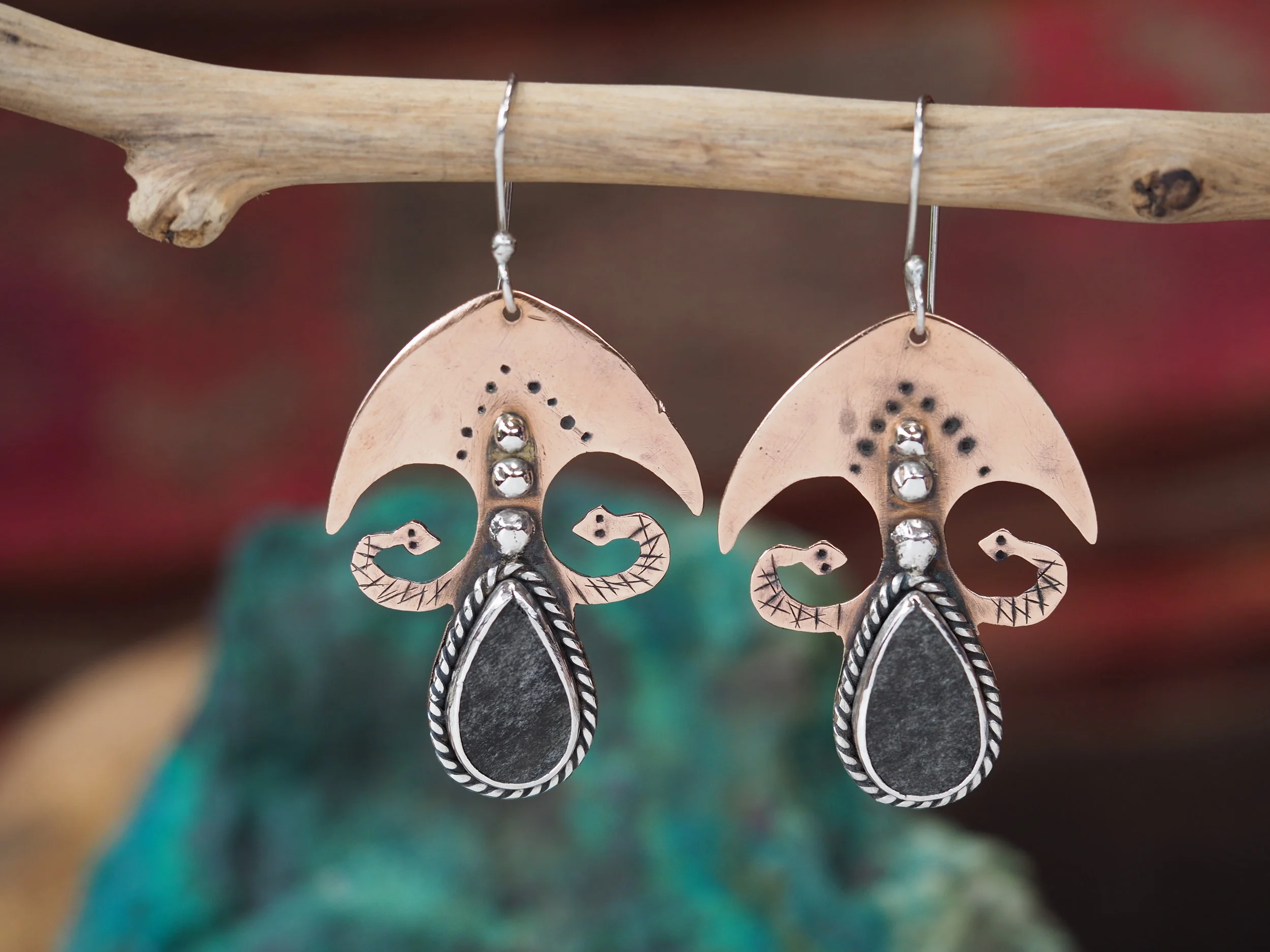 Silver Sheen Obsidian · Copper & Silver Earrings