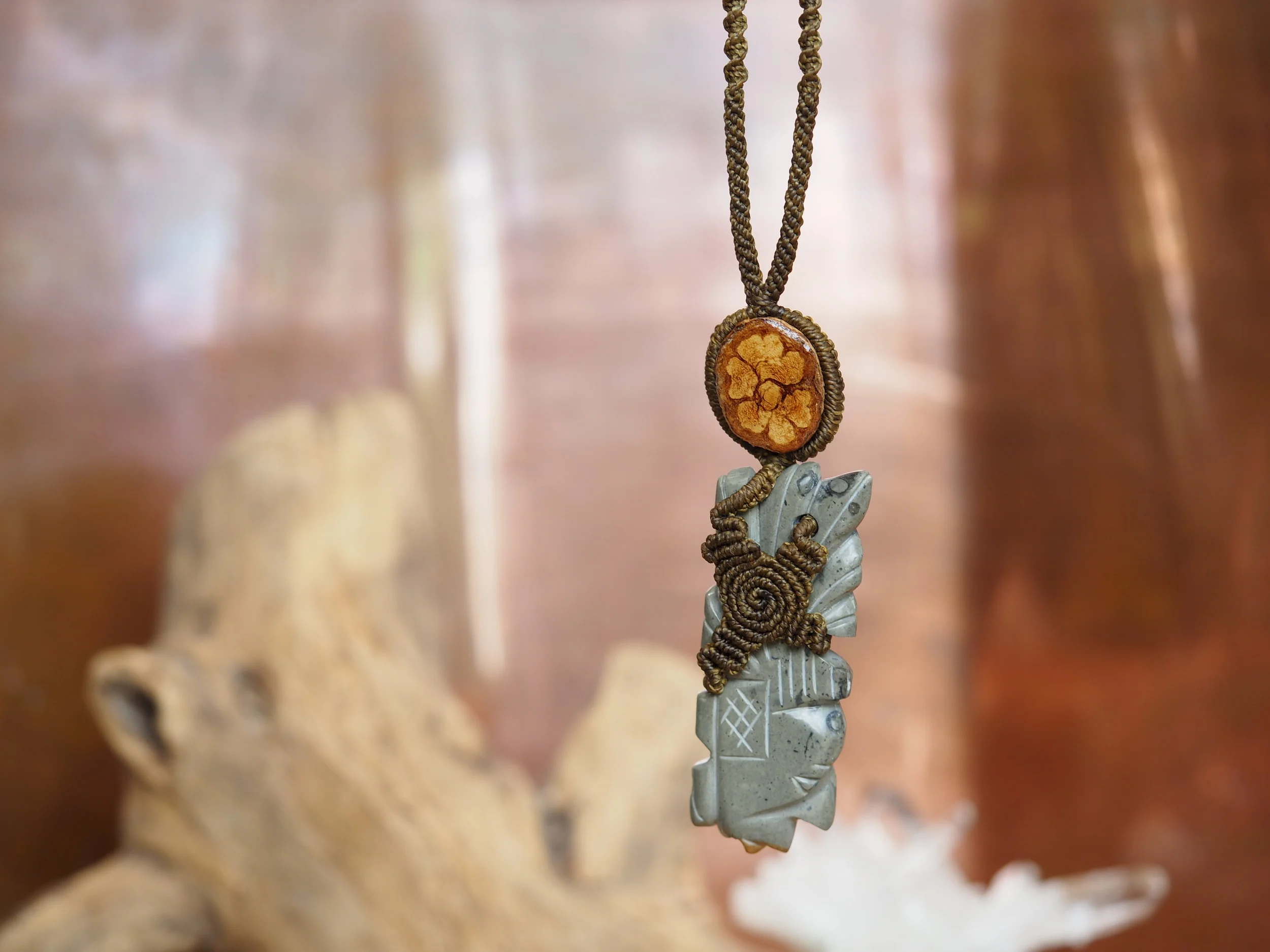 Ancient Mexican Shaman & Ayahuasca · Macrame Talisman Necklace