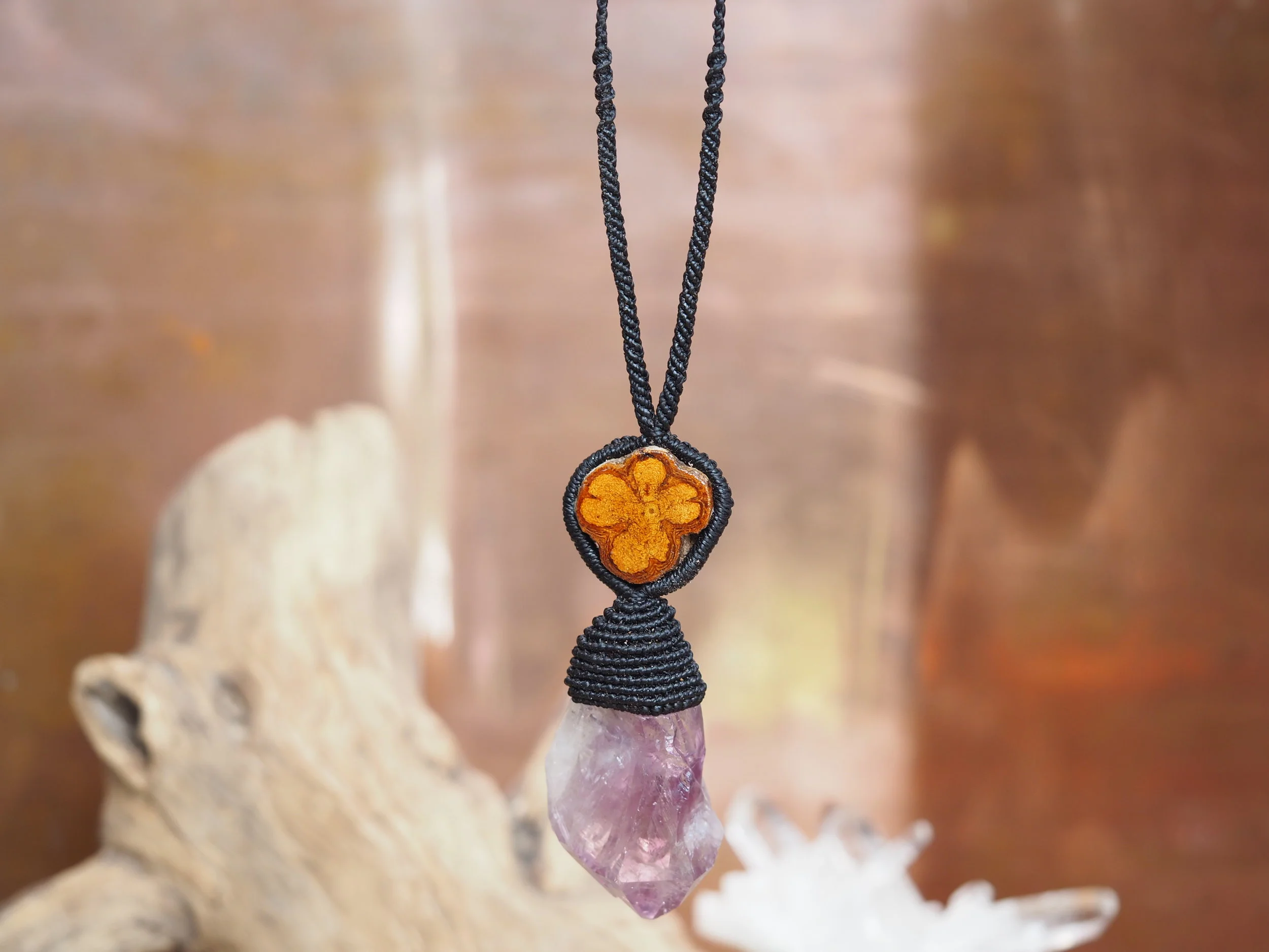 Amethyst &amp; Ayahuasca · Macrame Talisman Necklace 