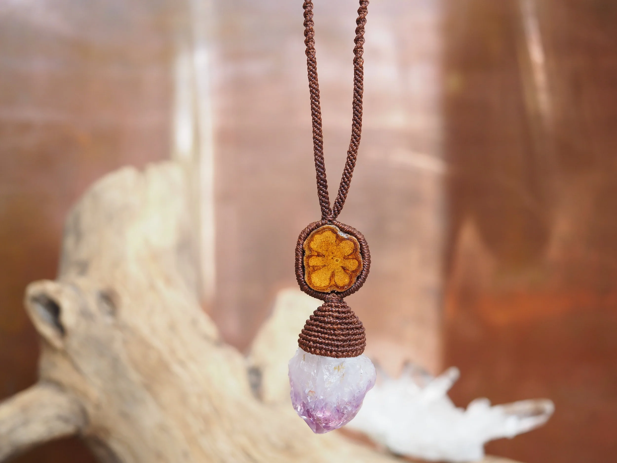 Amethyst &amp; Ayahuasca · Macrame Talisman Necklace 