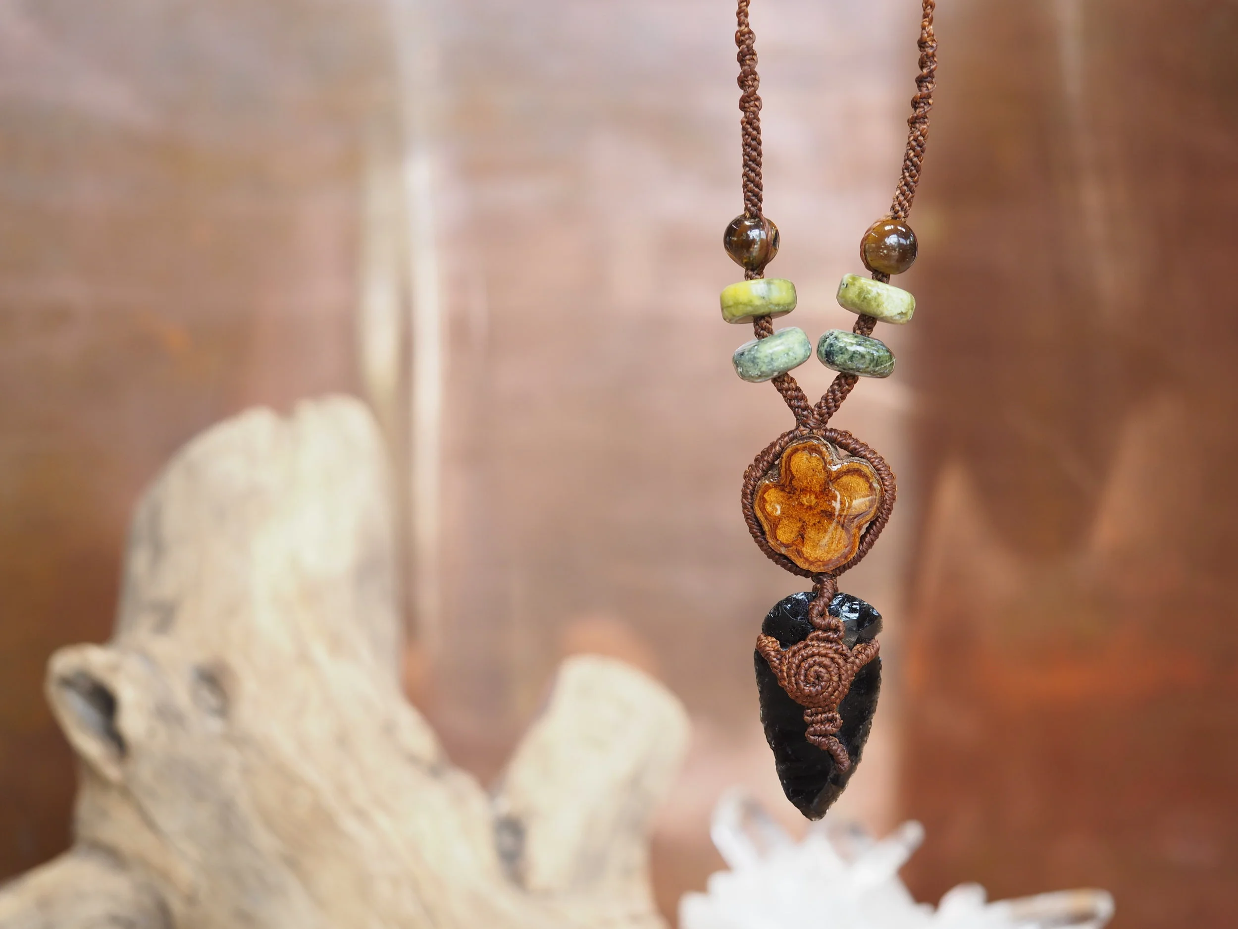Obsidian Arrow &amp; Ayahuasca · Macrame Talisman Necklace 