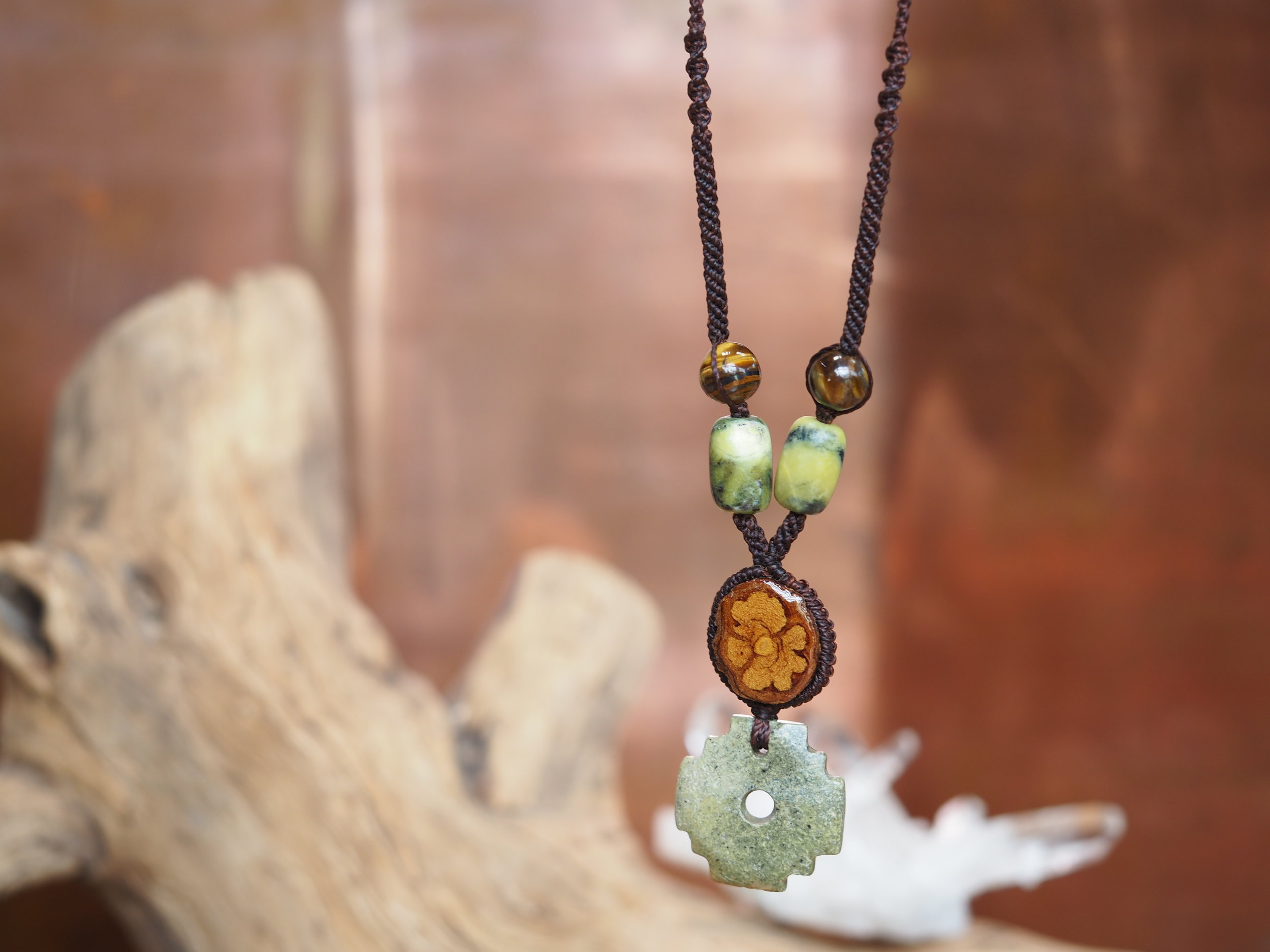 Serpentine Chakana &amp; Ayahuasca · Macrame Talisman Necklace 