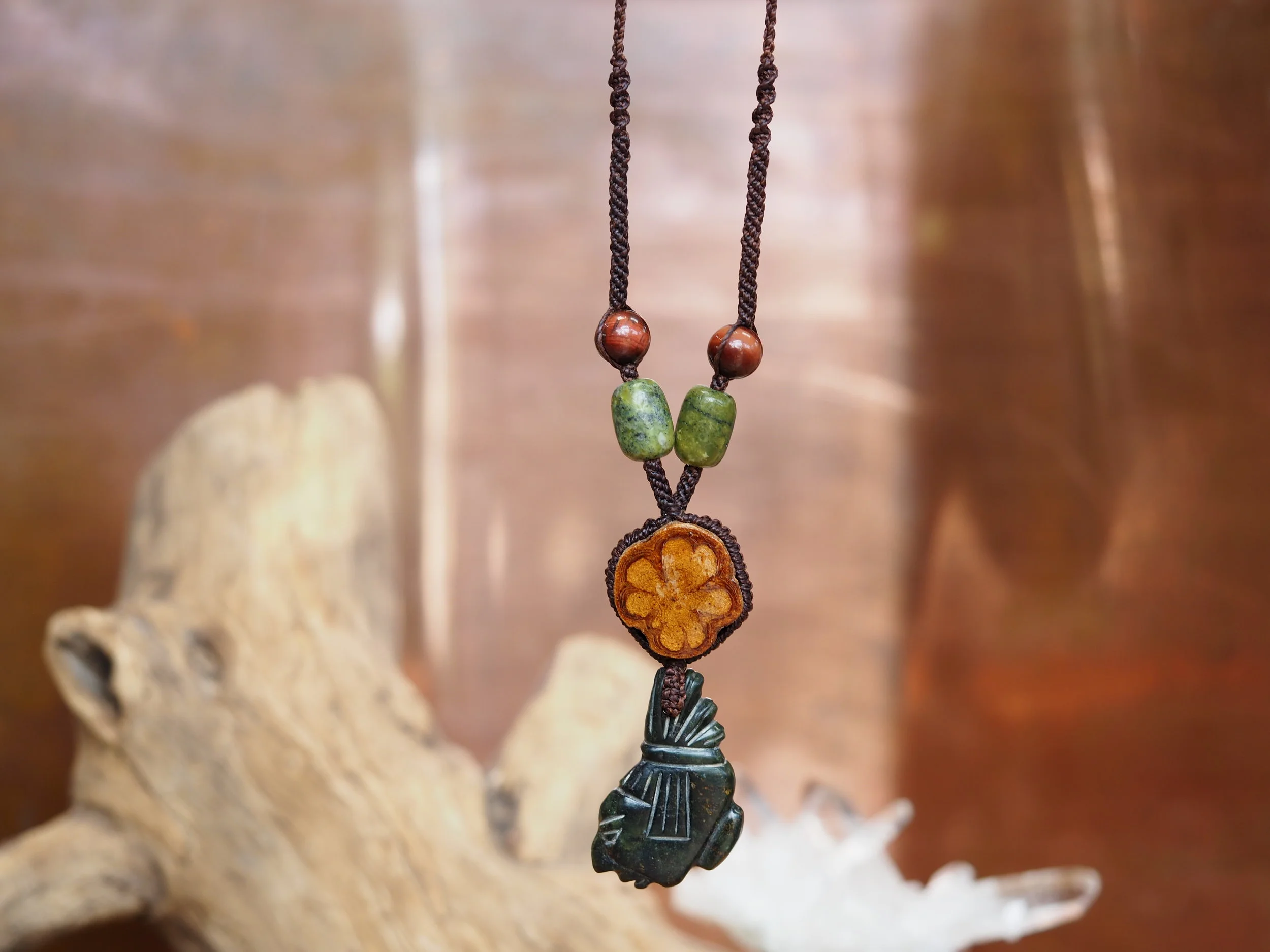 Carved Jade Ancient Mexican &amp; Ayahuasca · Macrame Talisman Necklace 