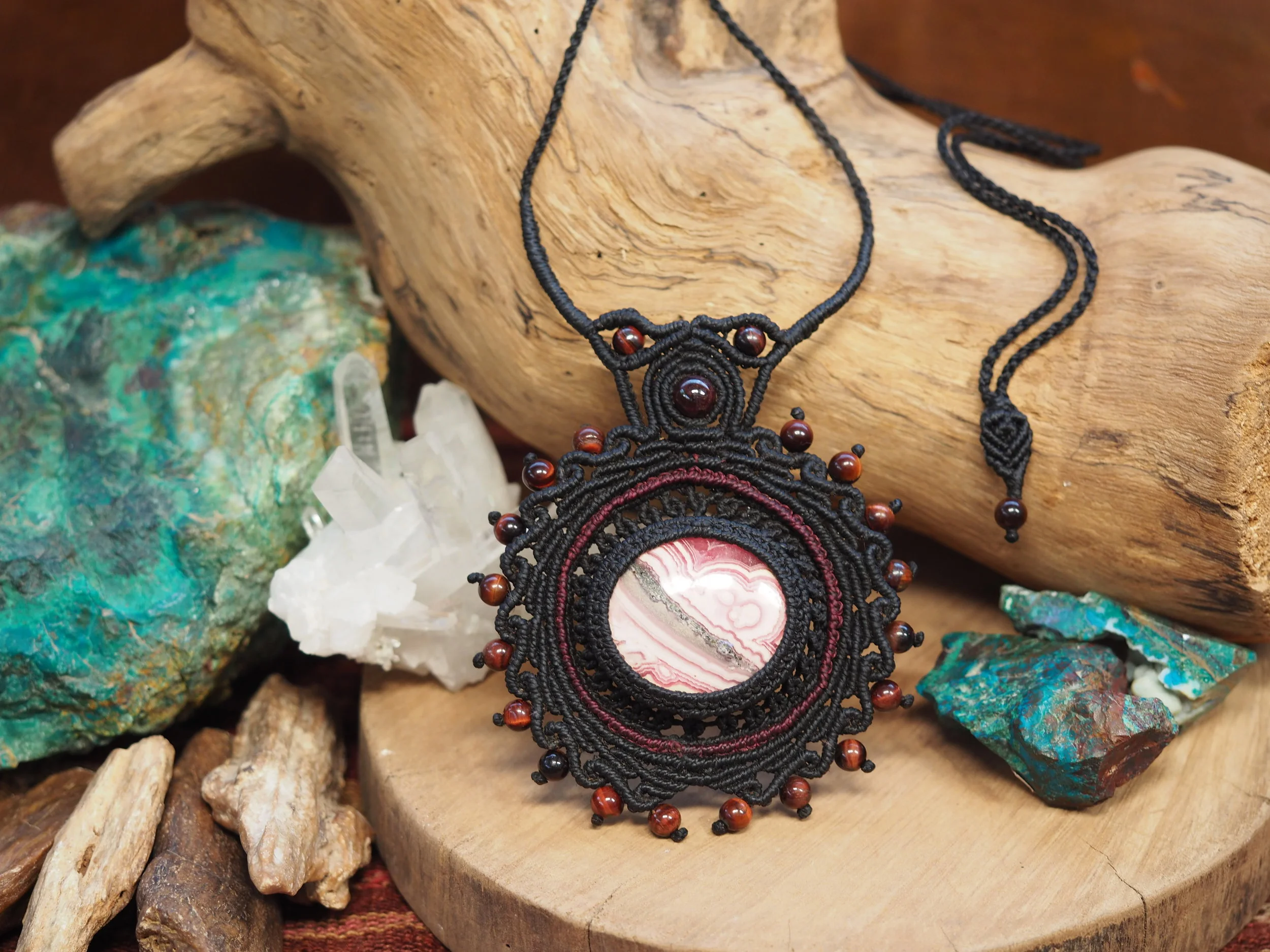 Rhodochrosite with Pyrite · Macrame Necklace