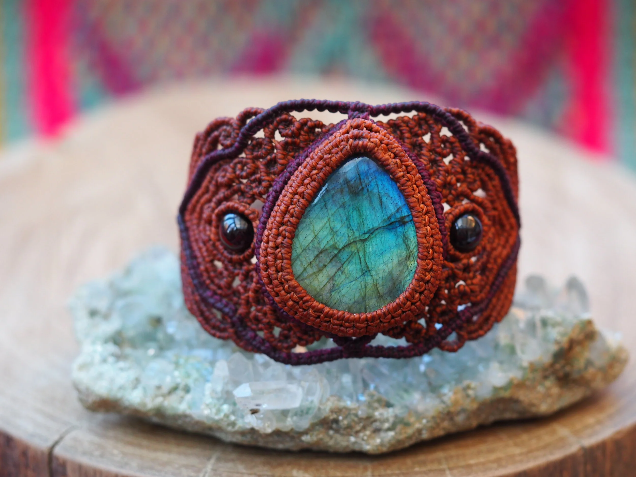 Turquoise Labradorite & Garnet · Macrame Bracelet