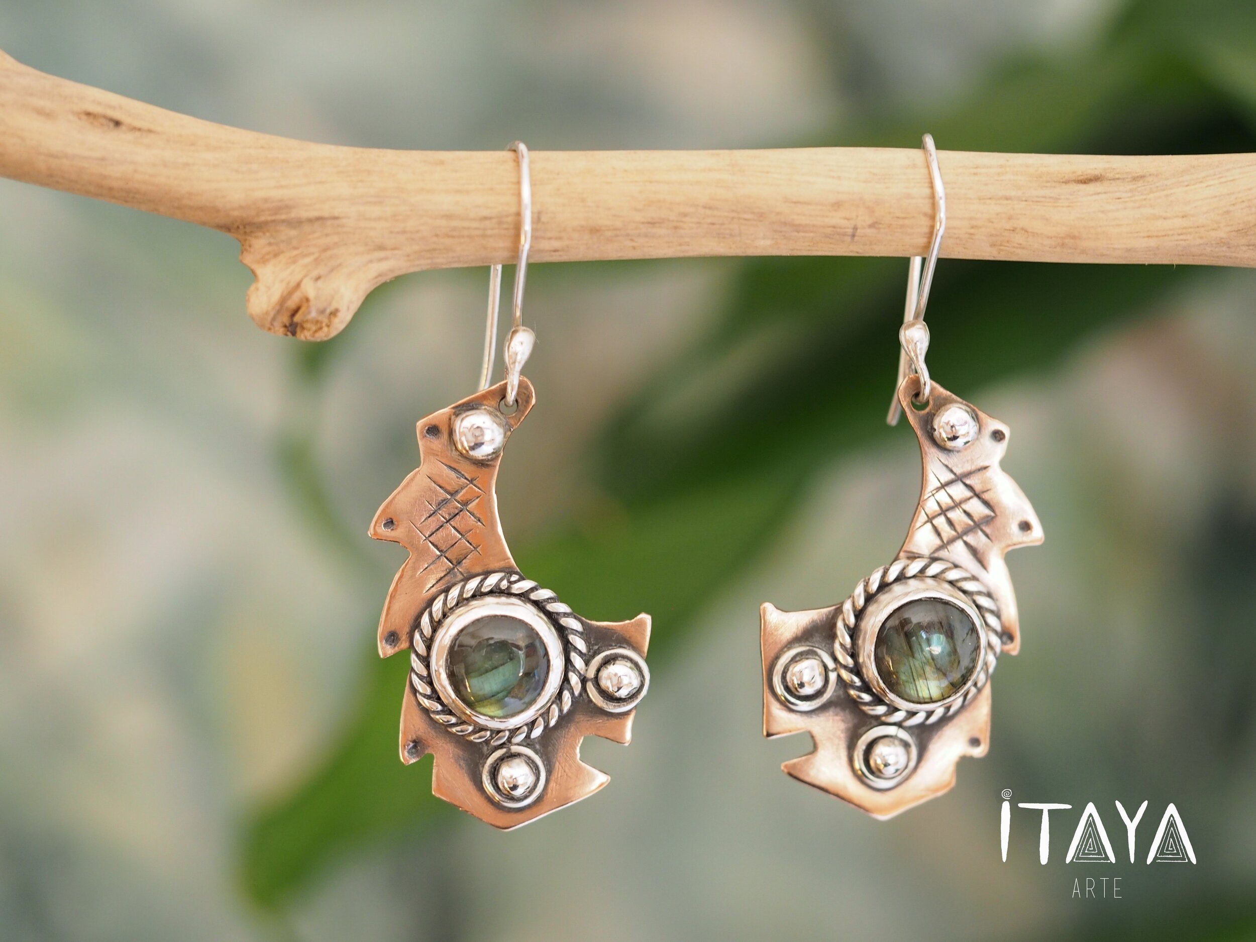 Labradorite Snake Motif · Copper & Silver Earrings