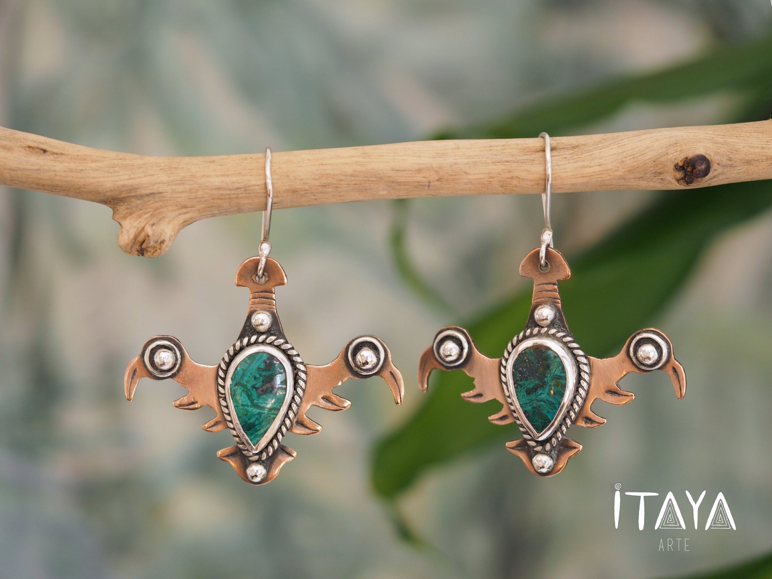 Chrysocolla Double Headed Condor · Copper & Silver Earrings