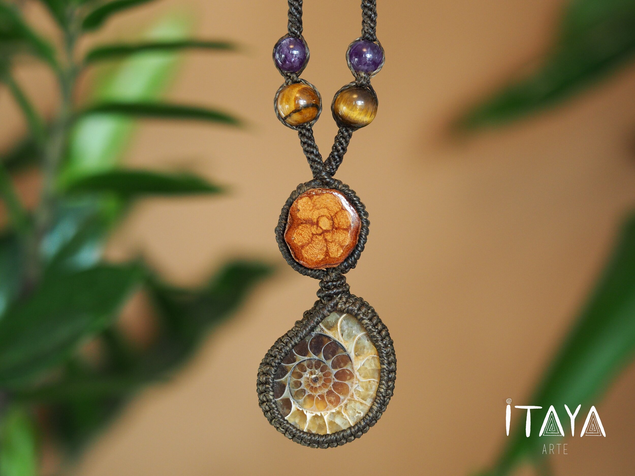 Ammonite Fossil & Ayahuasca · Macrame Talisman Necklace