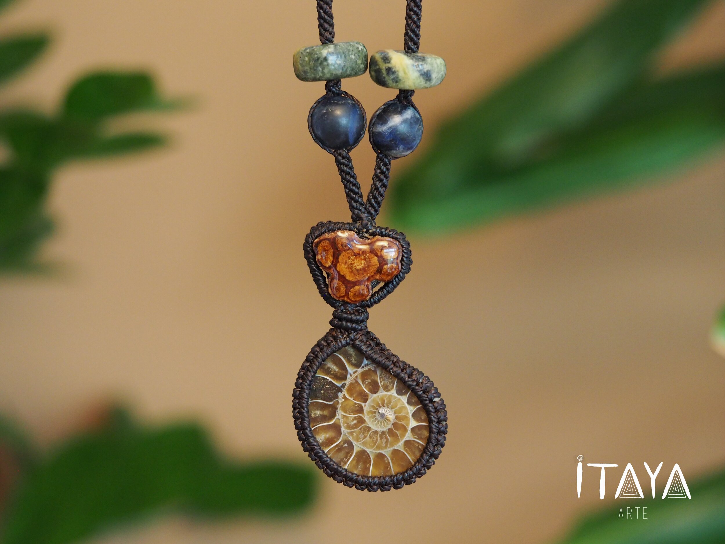 Ammonite Fossil & Red Ayahuasca · Macrame Talisman Necklace