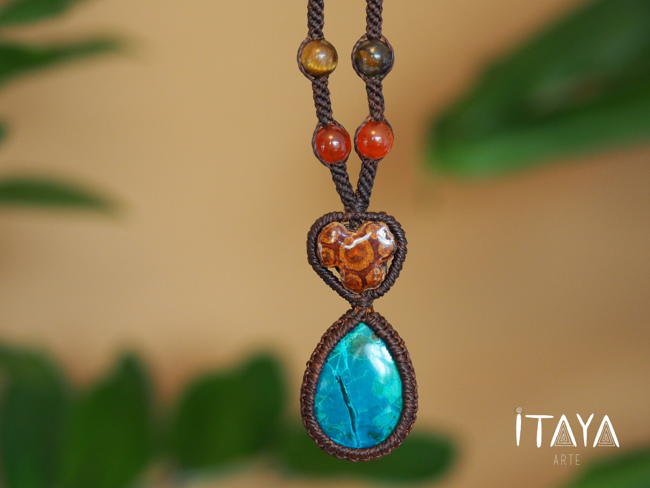 Turquoise Chrysocolla & Red Ayahuasca · Macrame Talisman Necklace