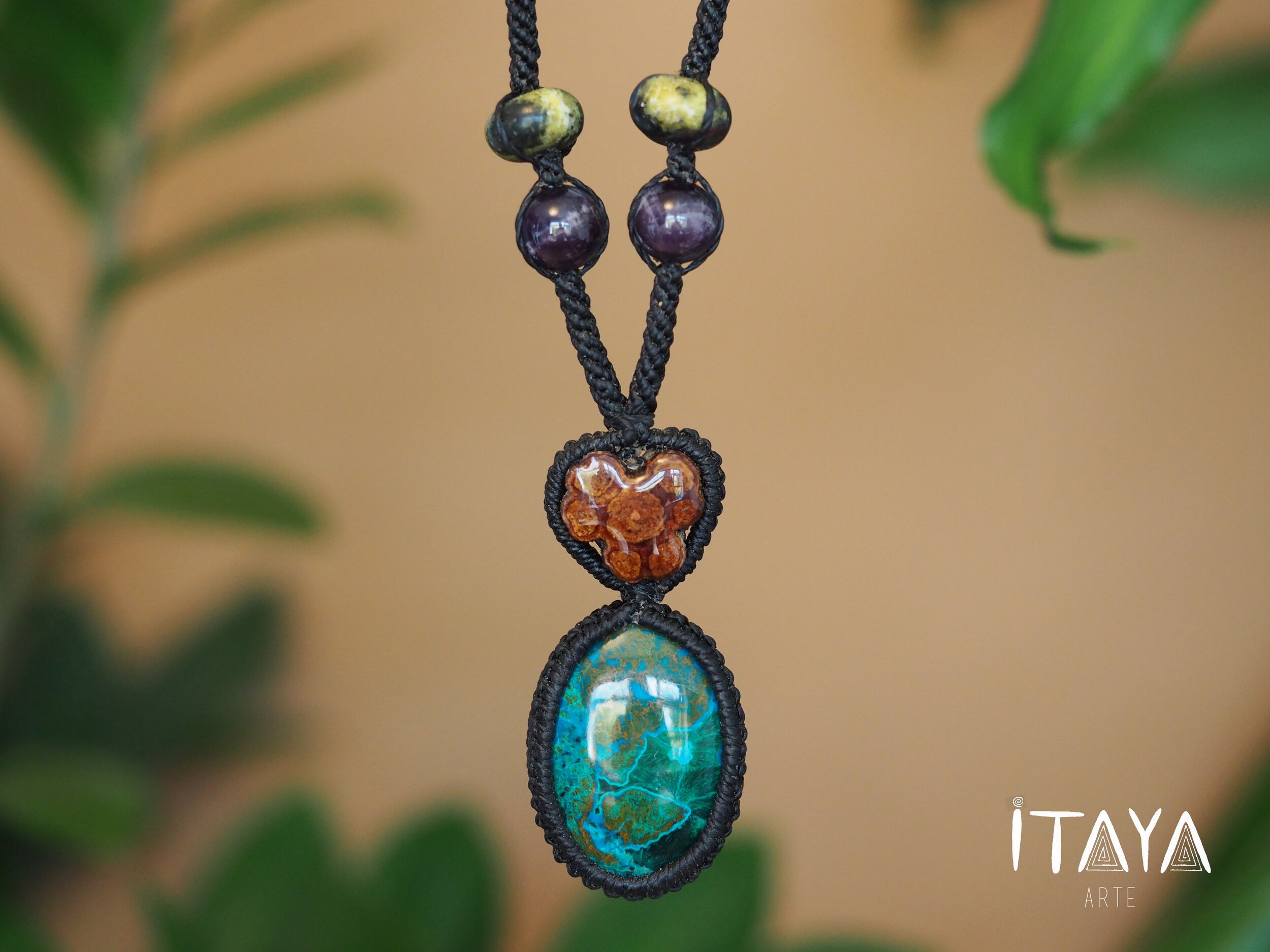 Chrysocolla with Malachite & Red Ayahuasca · Macrame Talisman Necklace