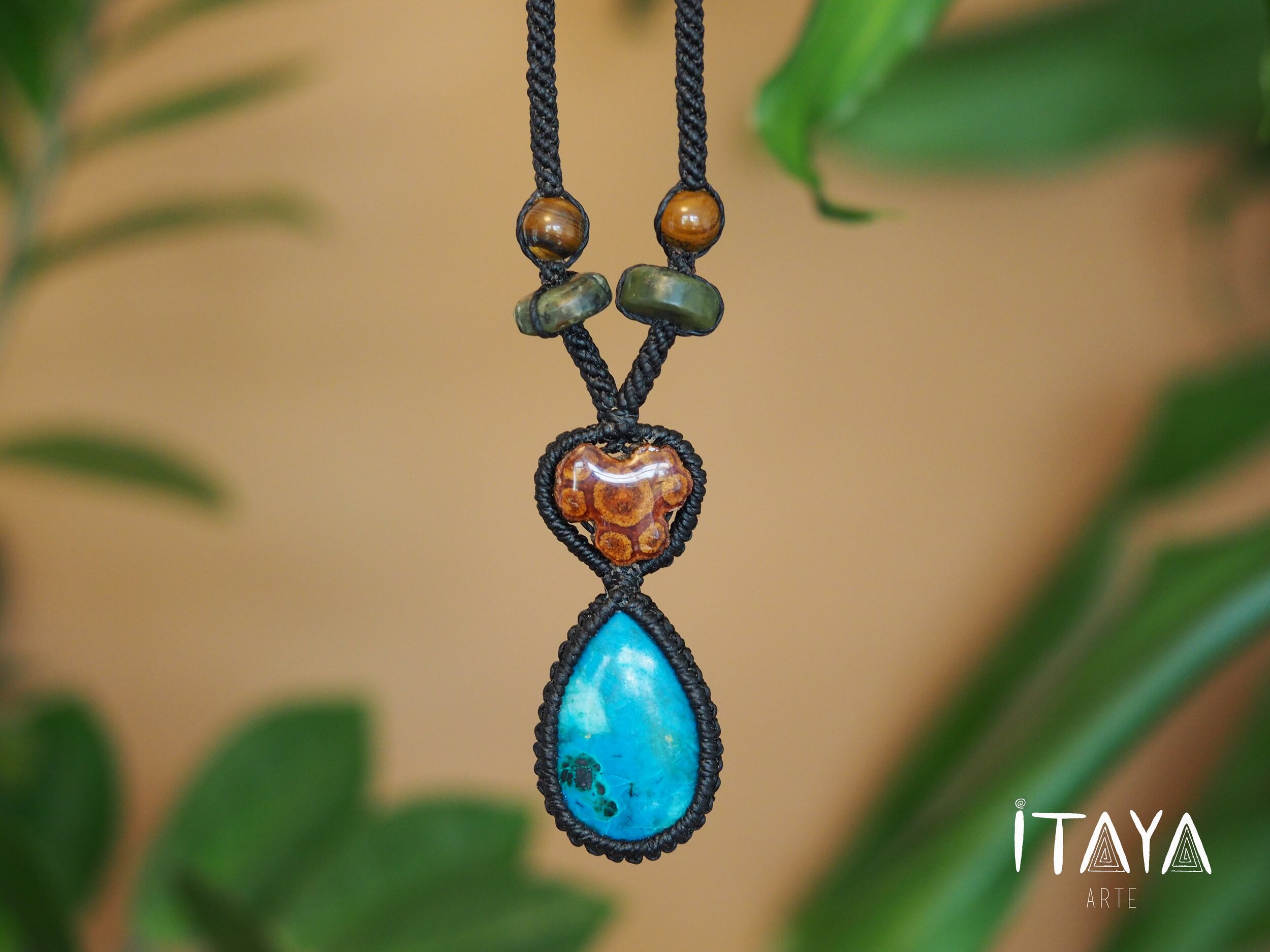 Turquoise Chrysocolla & Red Ayahuasca · Macrame Talisman Necklace