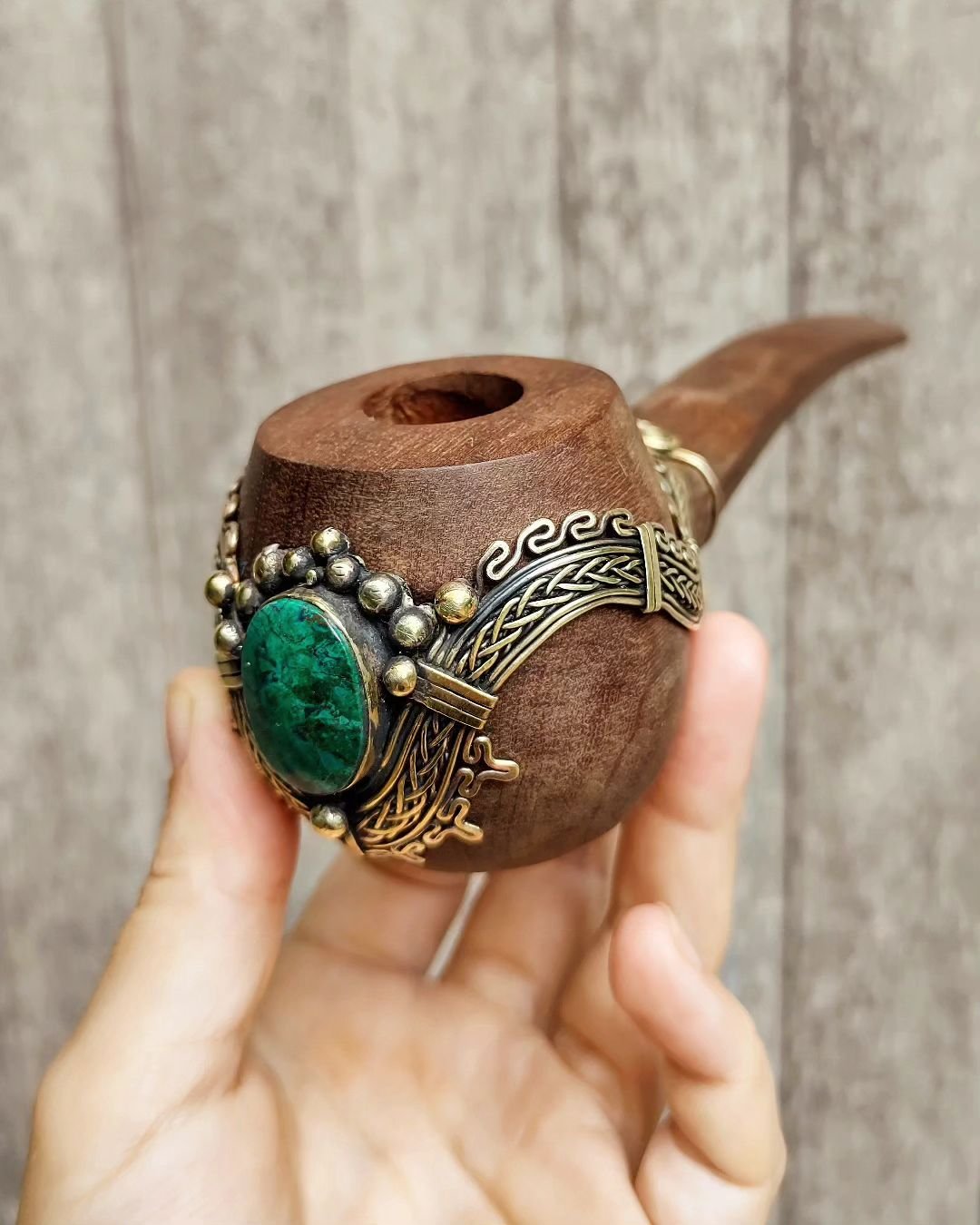 Recently a lovely lady came into the shop asking if it is possible to add brass decorations to a wooden pipe she had, to give as a gift for a friend. She wanted the same style as Marco&rsquo;s jewellery with a stone at the centre. This one turned out