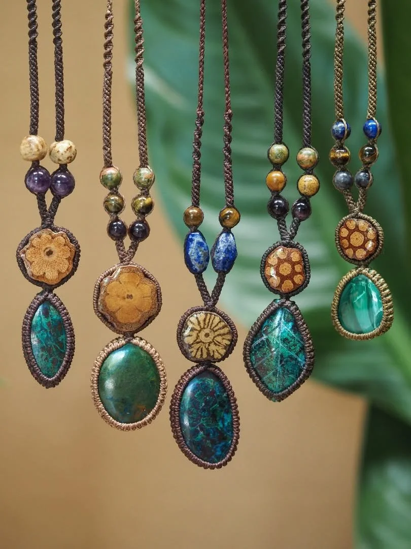 ✨🌿 Chrysocolla &amp; Malachite Collection 

Excited to bring you eight new offerings of our classic stone &amp; Ayahuasca talisman necklaces. Each with Chrysocolla, Malachite or a blend of both 💙💚
&bull;
//✨🌿 Colecci&oacute;n de crisocola y malaq