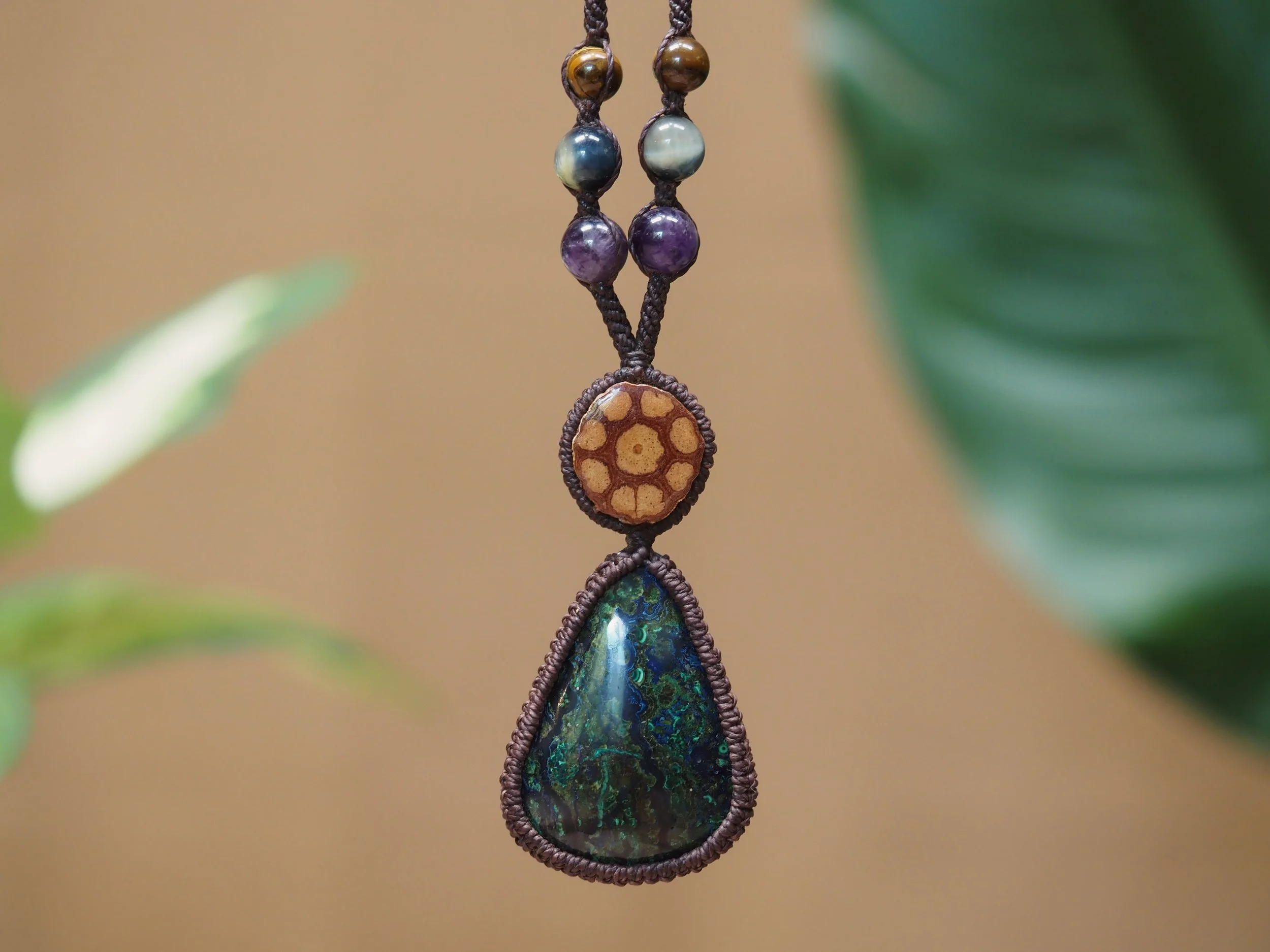 Large Azurite & Ayahuasca · Macrame Talisman Necklace