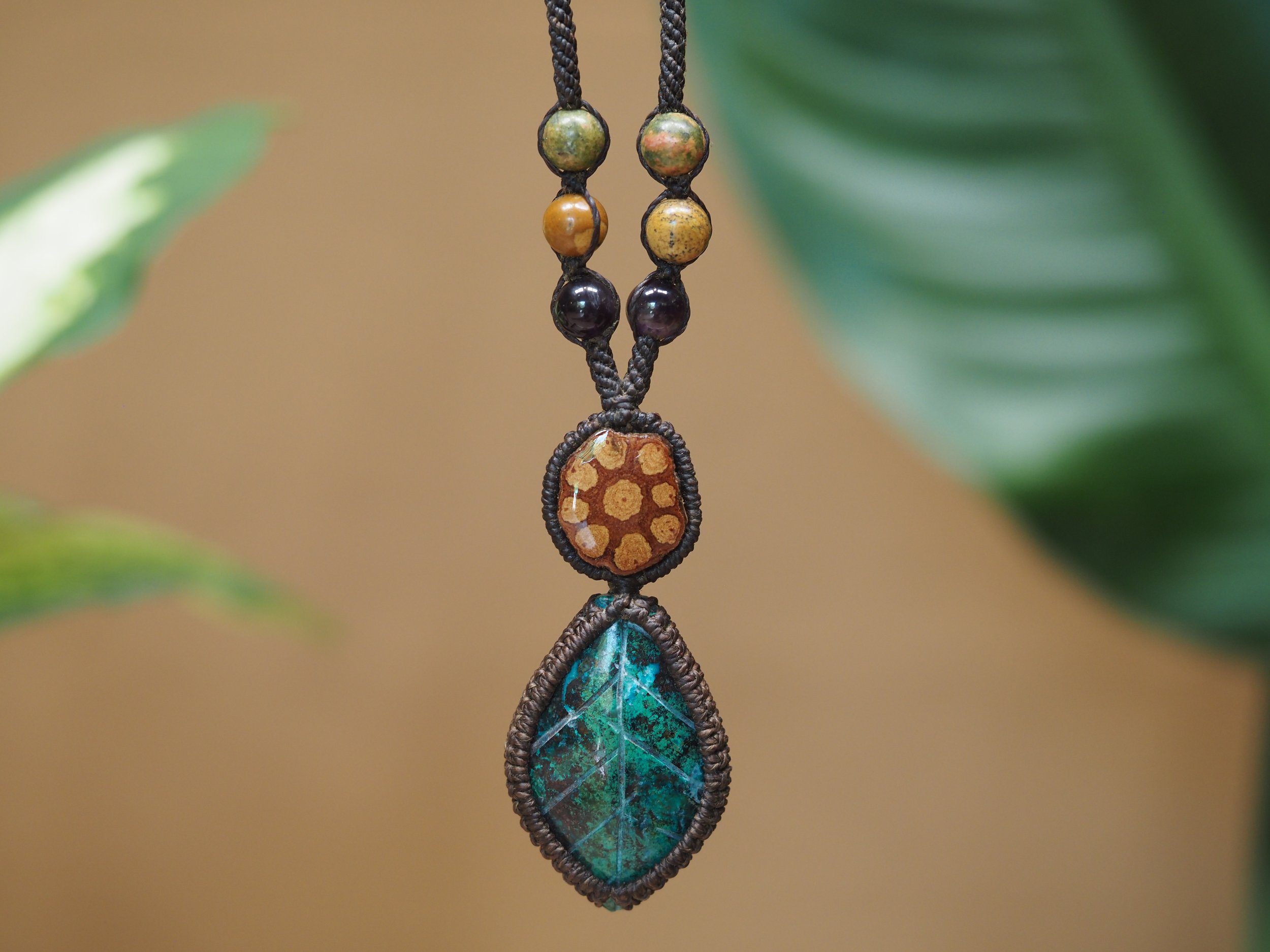 Leaf Chrysocolla & Ayahuasca · Macrame Talisman Necklace