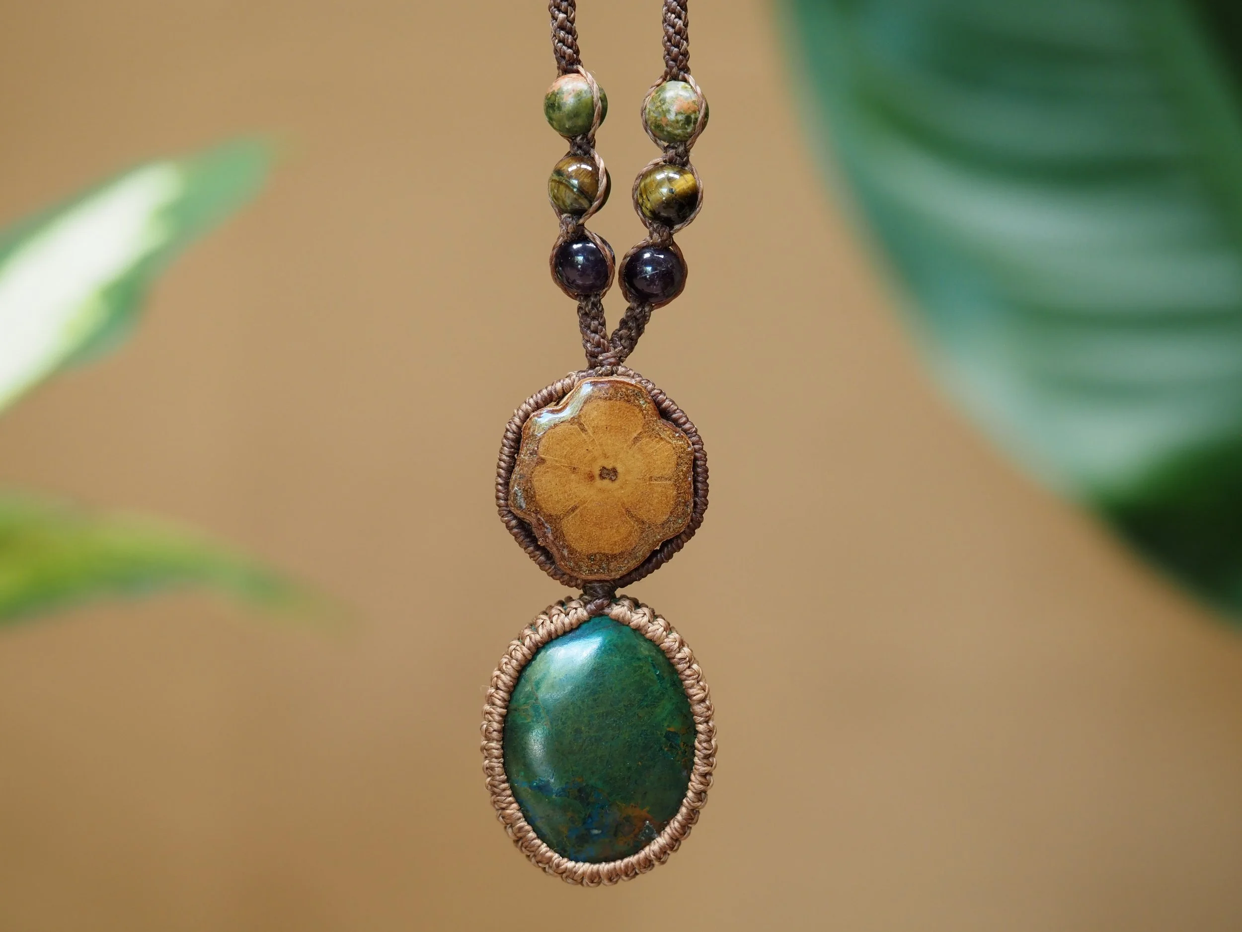 Jungle Green Chrysocolla & Ayahuasca · Macrame Talisman Necklace