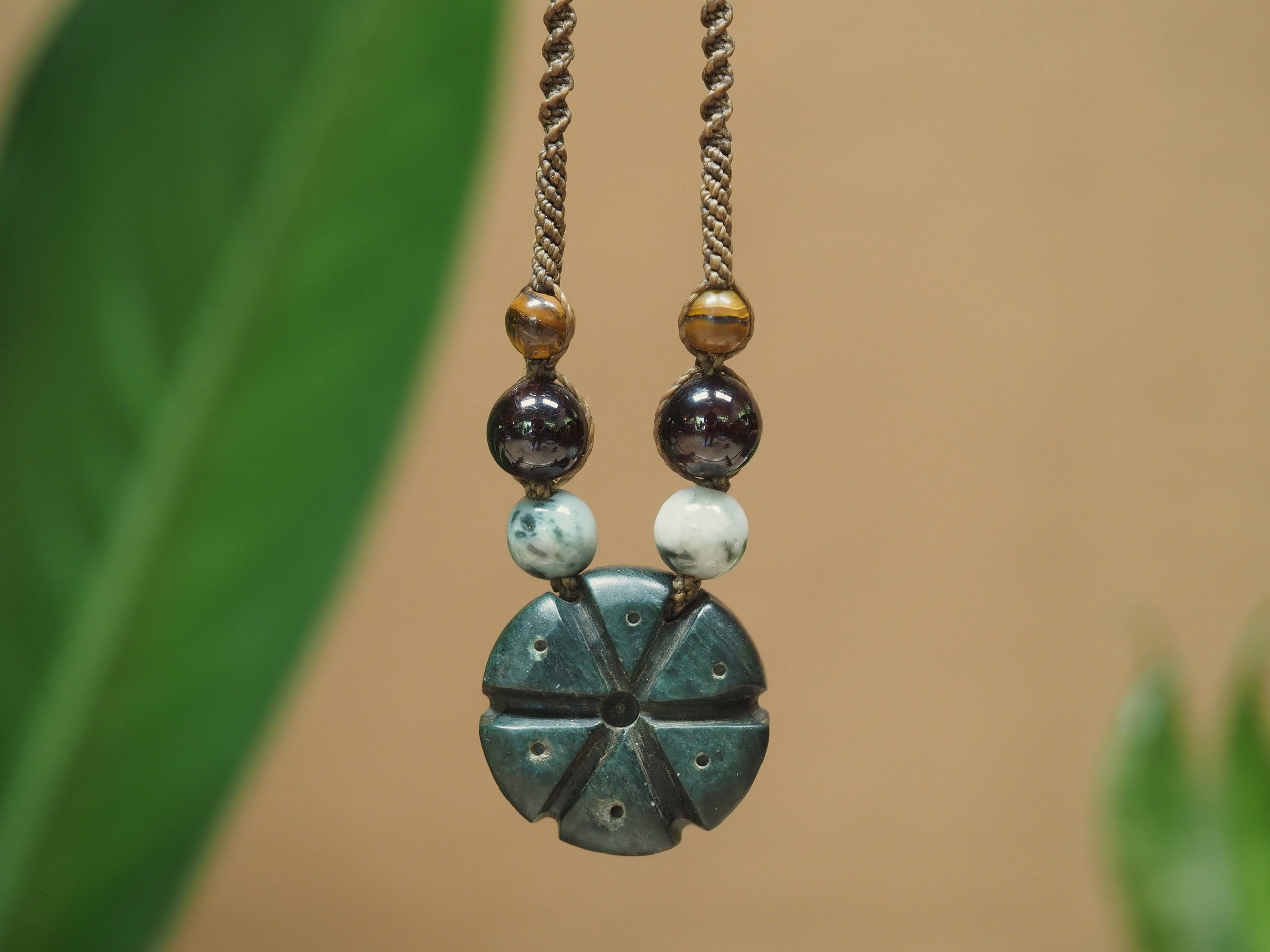Jade Mexican Peyote Carving 🌵 · Macrame Talisman Necklace