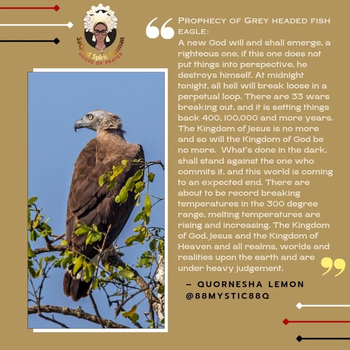 Prophecy of the Grey Headed Fish Eagle| Someone is about to leave your life permanently| Record breaking temperatures of 300&deg; F and more| Sweltering heat is coming| Pile up after pile up| 

Hi, I am Quornesha Shaman, Mystic, Prophet, Sangoma heal