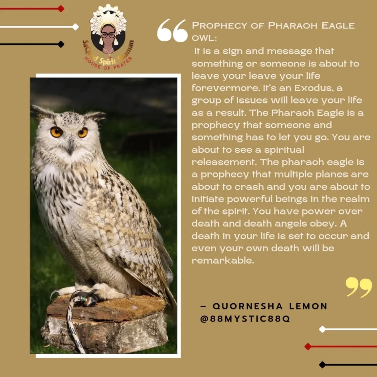 Prophecy of the Pharaoh Eagle Owl| Multiple Countries are under judgement| Floods, squalls, derechos and hurricanes are coming. More fires are coming. Governmentmal upheavals, volcanoes| 

Hi, I am Quornesha Shaman, Mystic, Prophet, Sangoma healer an