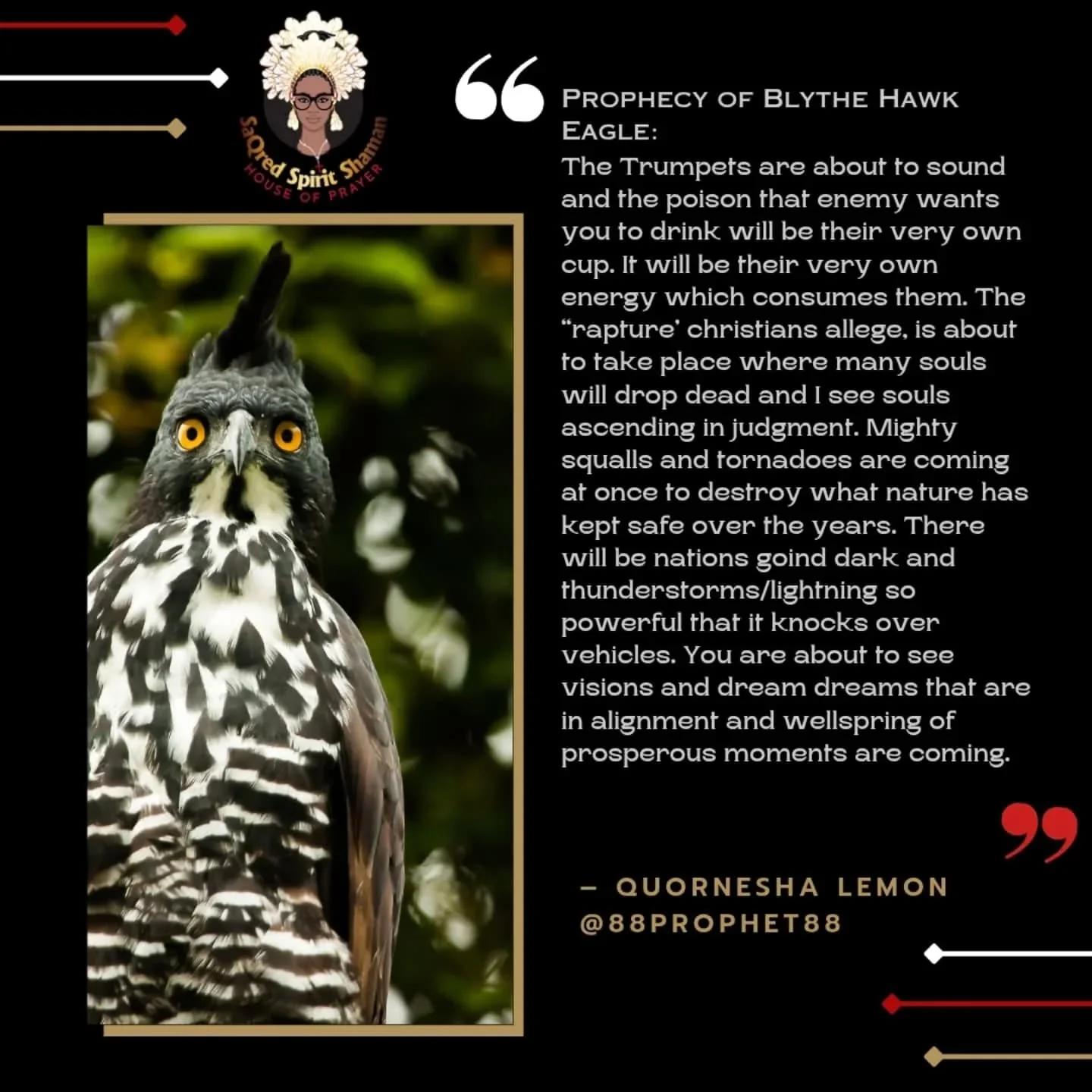 Prophecy of the Blythe Hawk Eagle| Lightning/⚡ Thunderstorms| Destruction of buildings| World wars| And a series of blessings to God's only whilst the enemy goes down trying. 

Hi, I am Quornesha  I work with the power of God to bring healing, Judgem