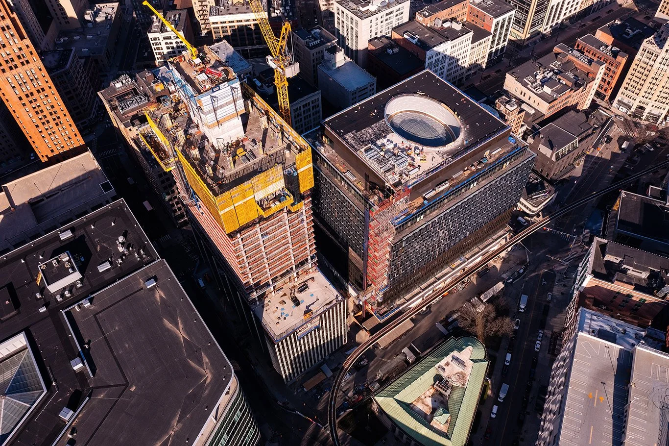  Hudson’s Detroit rising above downtown Detroit, a Bedrock project by SHoP Architects. 