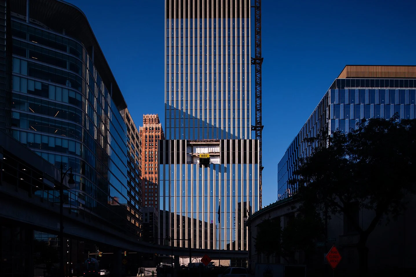  Hudson’s Detroit tower detail in the Detroit skyline by SHoP Architects and Bedrock. 