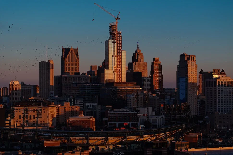  Hudson’s Detroit development rising above the city in Detroit designed by SHoP Architects. 