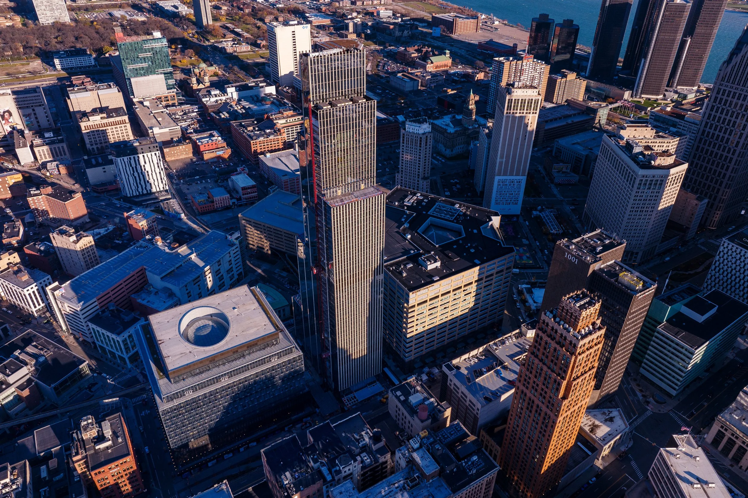  Hudson’s Detroit high-rise progress in downtown Detroit designed by SHoP Architects. 