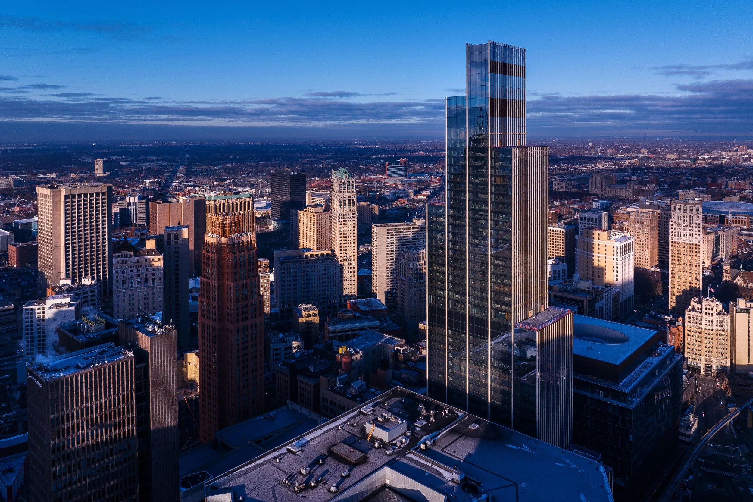  Street and skyline view featuring Hudson’s Detroit in Detroit for Bedrock. 