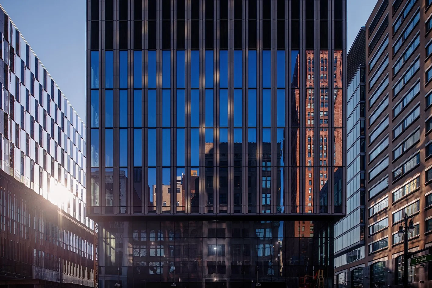  Exterior progress photograph of Hudson’s Detroit in Detroit by SHoP Architects. 