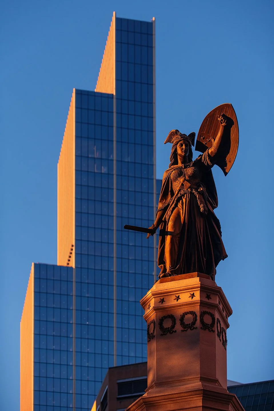  Urban skyline photograph including Hudson’s Detroit tower in Detroit. 