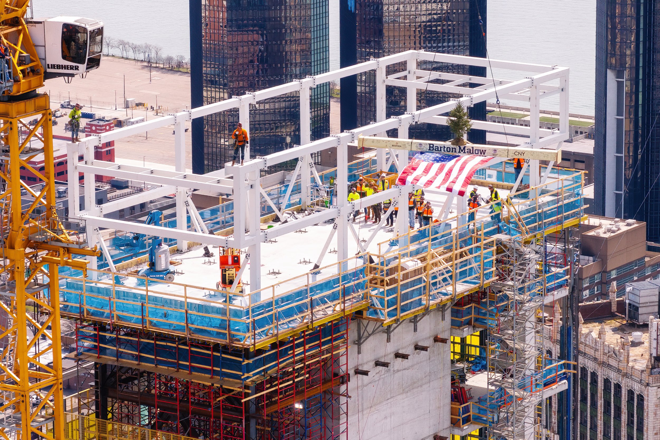   Topping off celebration at Hudson’s Detroit in Detroit, a Bedrock project designed by SHoP Architects.  