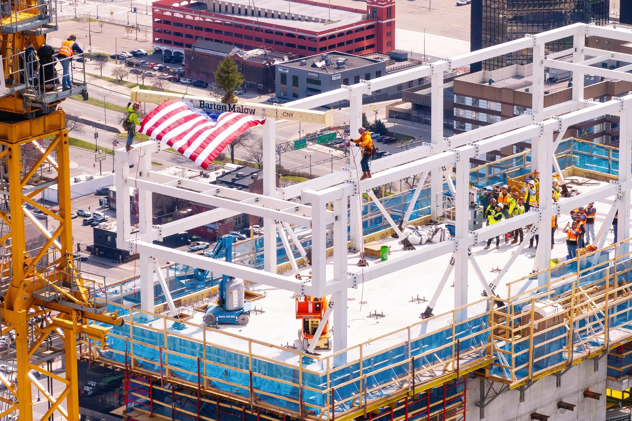   Guests attend the Hudson’s Detroit topping off ceremony in Detroit for Bedrock’s SHoP Architects-designed tower.  