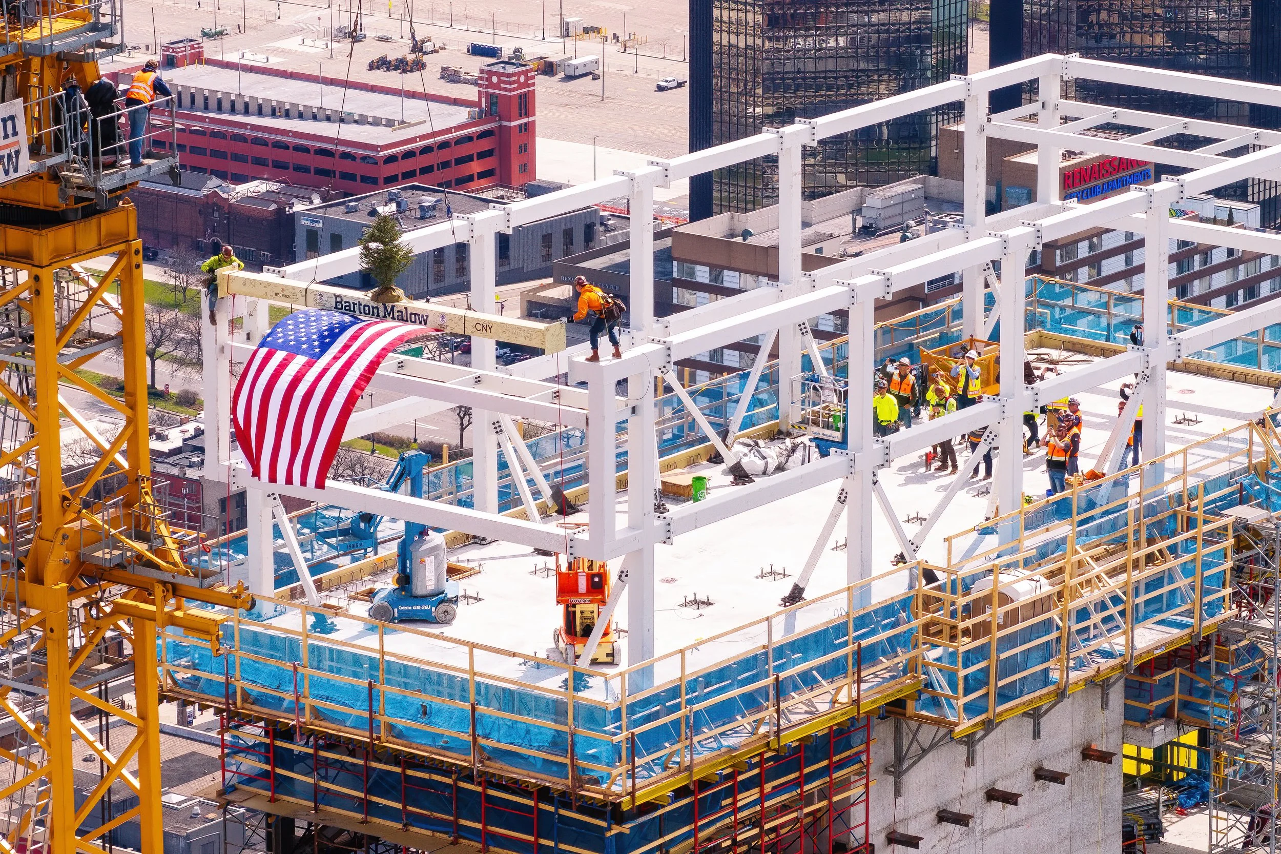   Construction team at Hudson’s Detroit topping off event in Detroit, developed by Bedrock and designed by SHoP Architects.  