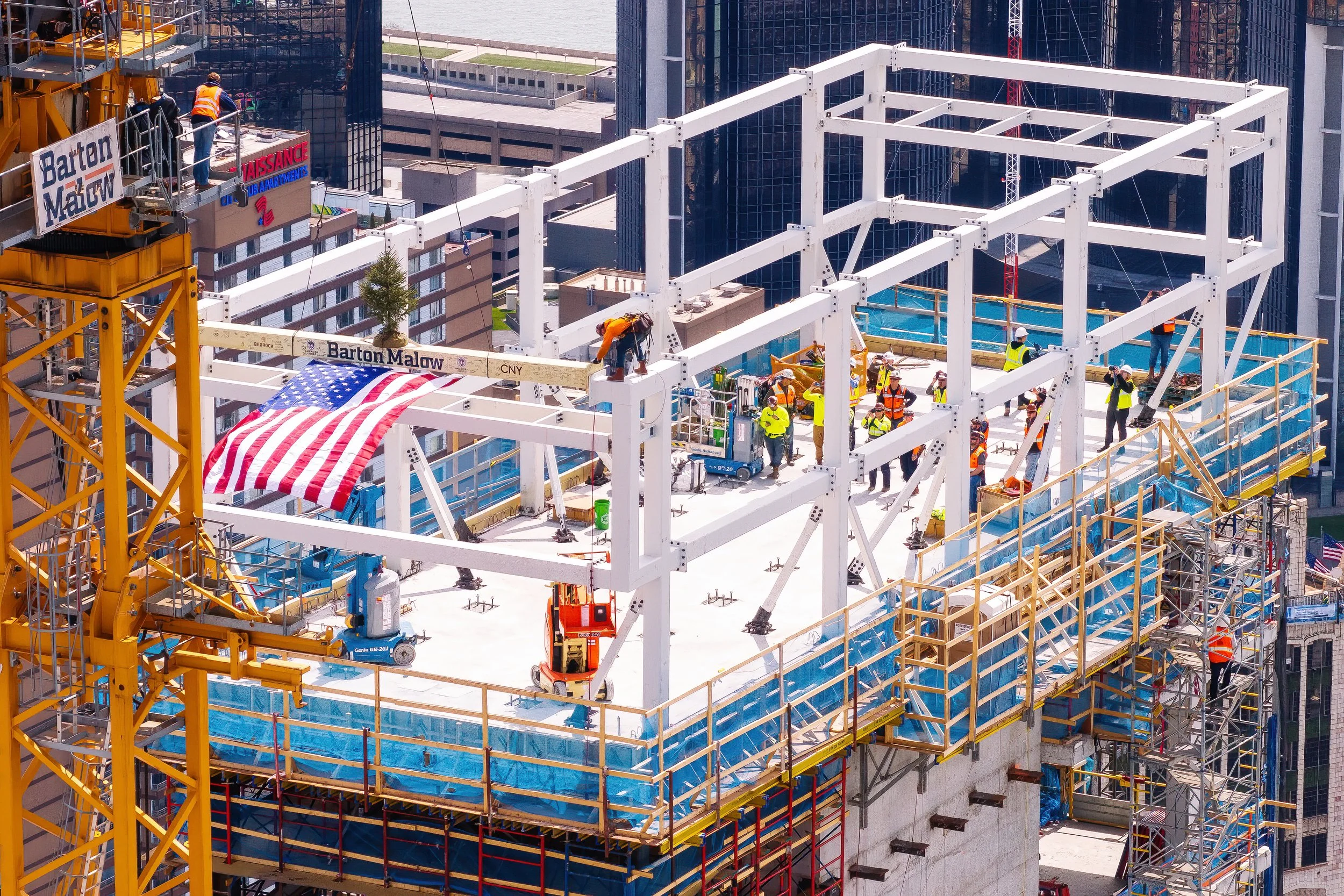   Hudson’s Detroit beam placement ceremony in Detroit for Bedrock’s project by SHoP Architects.  