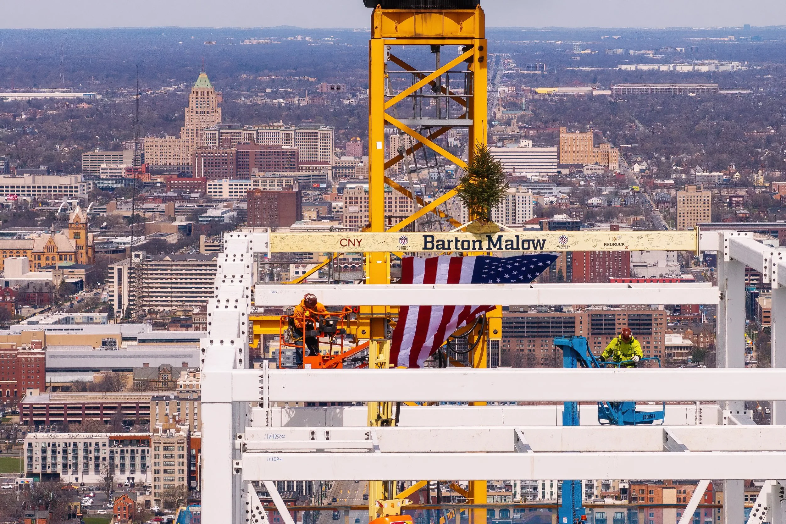   Celebratory moment at Hudson’s Detroit topping off ceremony in Detroit, part of Bedrock’s major development.  