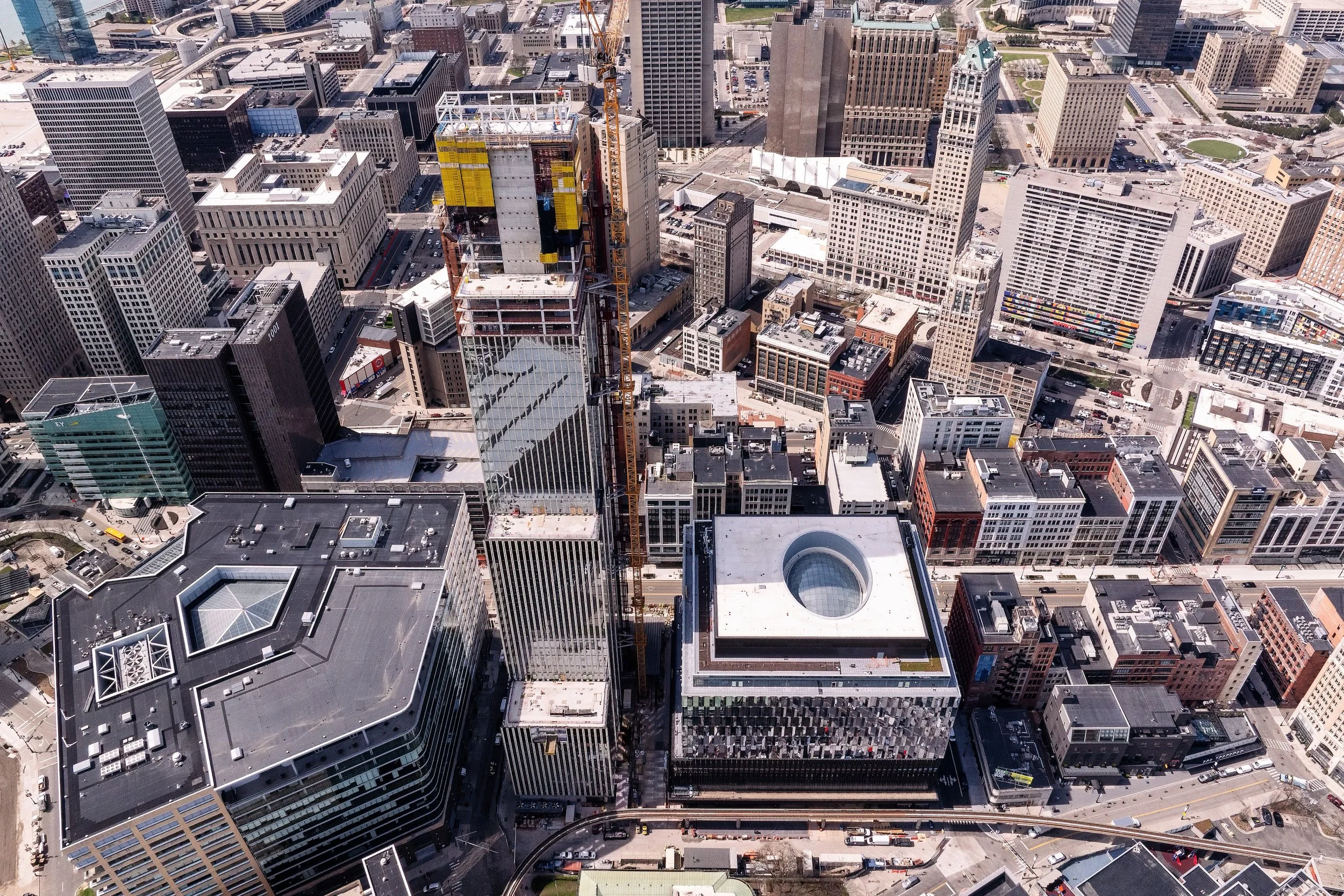   Hudson’s Detroit structural milestone photographed in Detroit for Bedrock and SHoP Architects.  