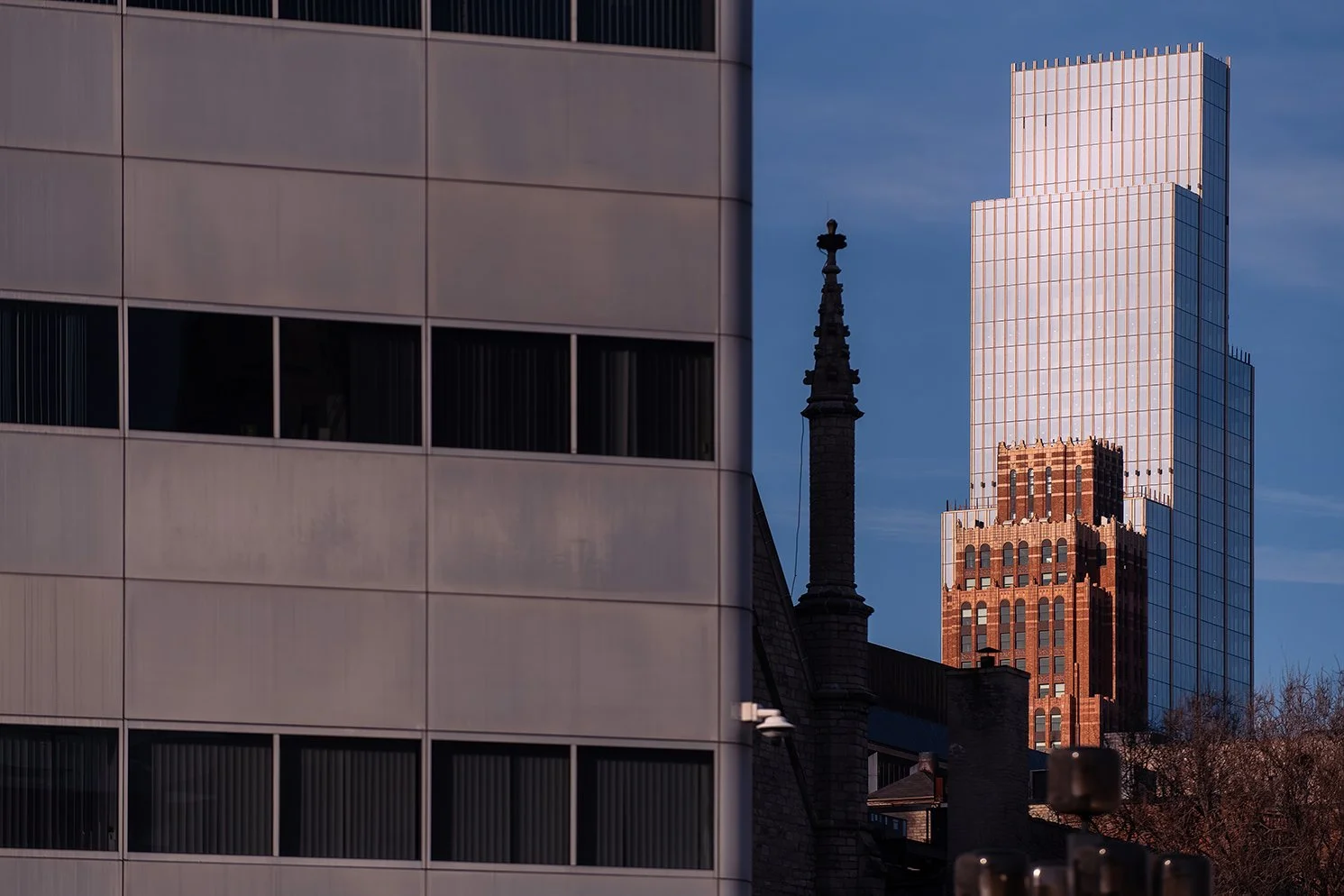  Street perspective featuring Hudson’s Detroit in downtown Detroit designed by SHoP Architects. 