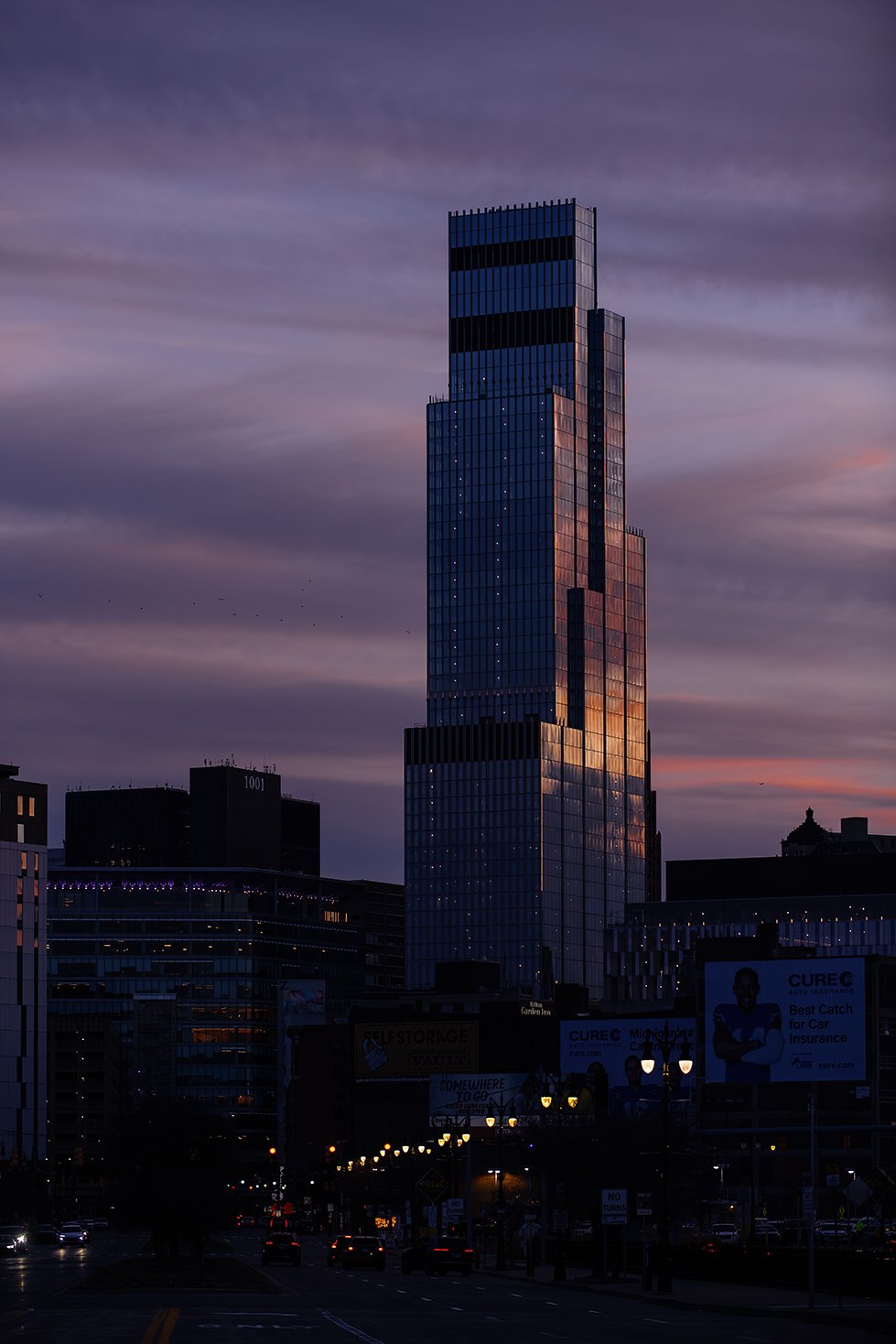  Architectural skyline view including Hudson’s Detroit in downtown Detroit for Bedrock. 