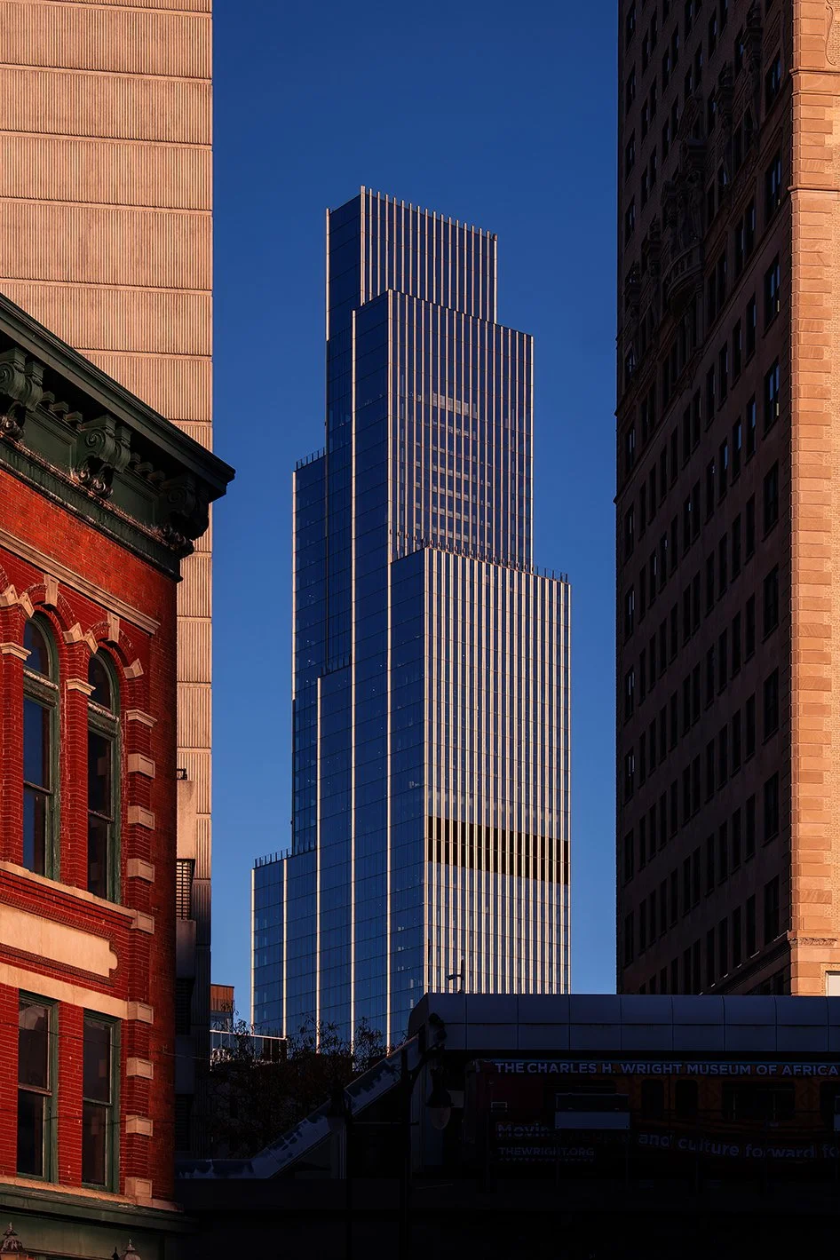  Hudson’s Detroit urban skyline presence in downtown Detroit designed by SHoP Architects. 