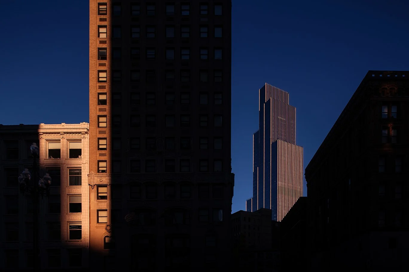  Wide city view showing Hudson’s Detroit tower in Detroit developed by Bedrock and designed by SHoP Architects. 