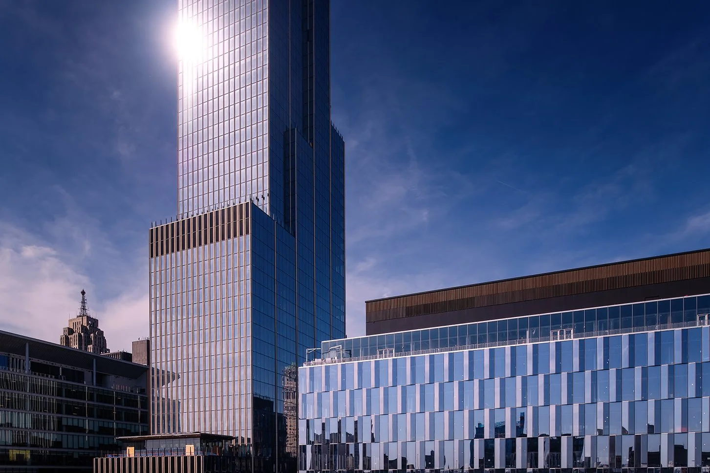  Wide city composition highlighting Hudson’s Detroit in downtown Detroit designed by SHoP Architects. 